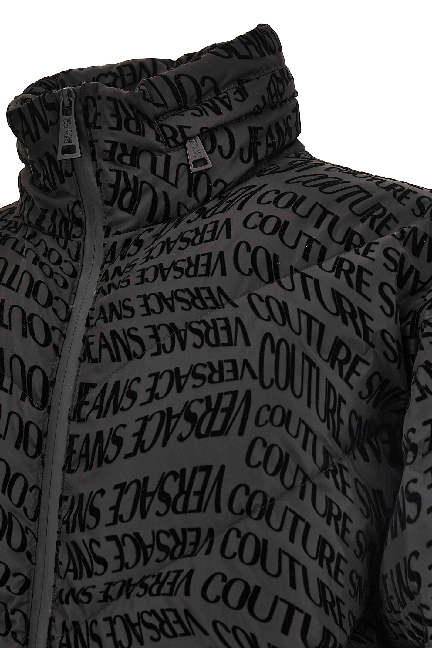 Versace Men S Short Down Jacket With All-over Logo In Black