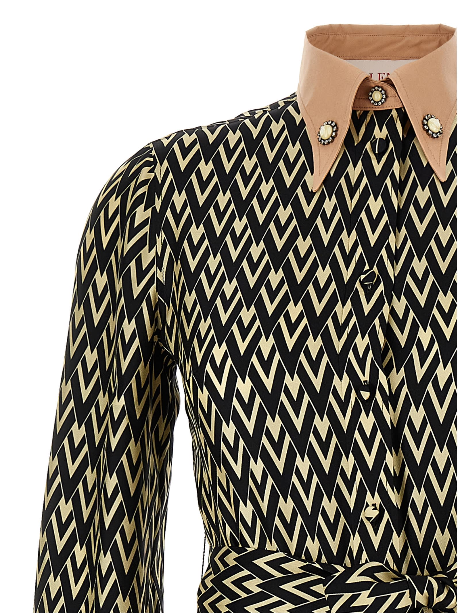 Valentino Embellished Belted Printed Silk-twill Midi Shirt Dress In Multicolor