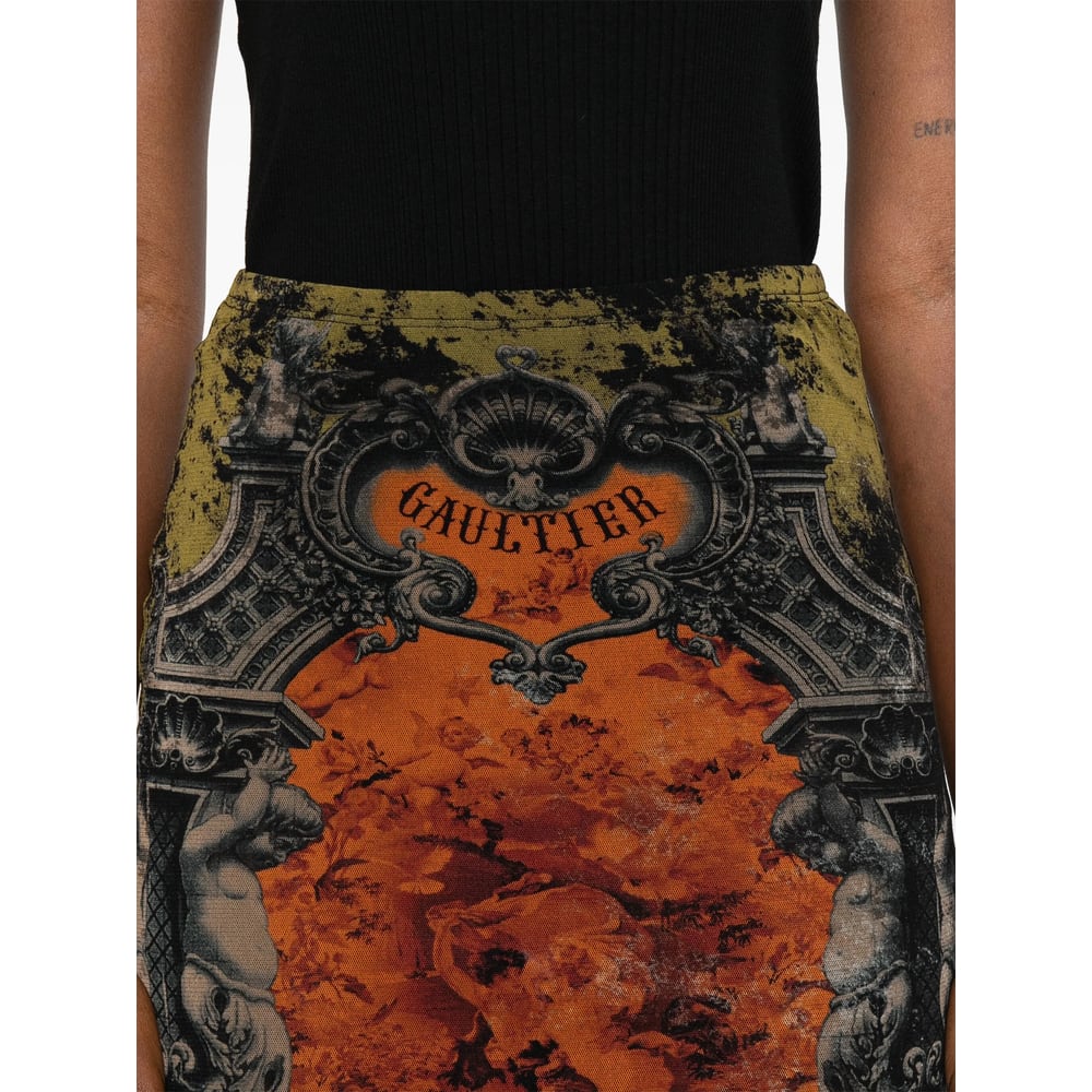 Jean Paul Gaultier Mesh Skirt With Graphic Print Overlay In Multi