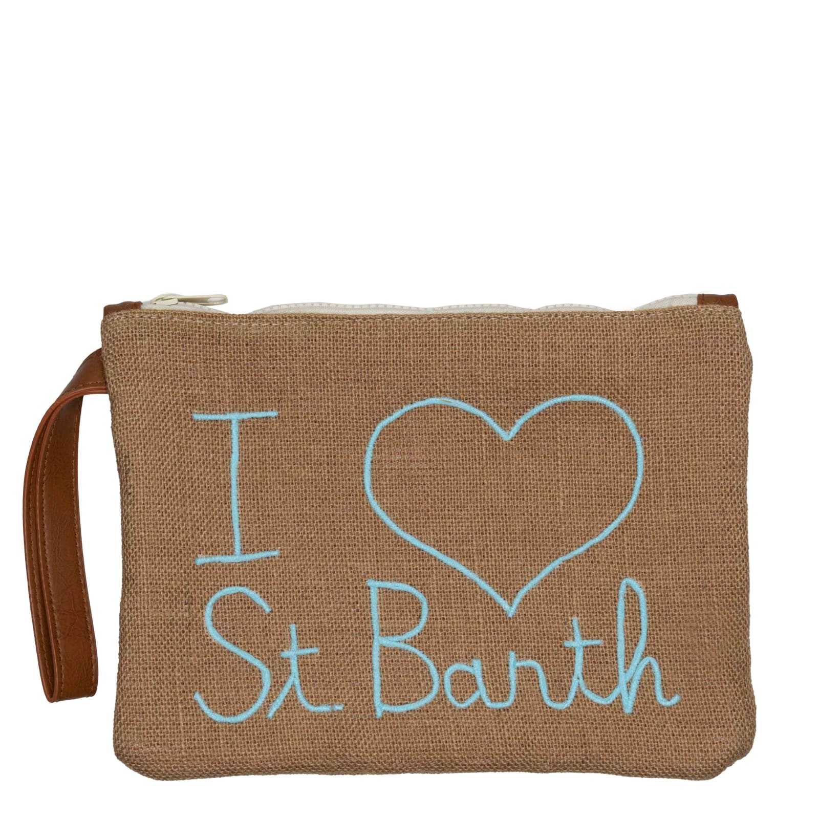 MC2 Saint Barth Jute Pochette Whit I Love St. Barth Embroidered In Light Blue