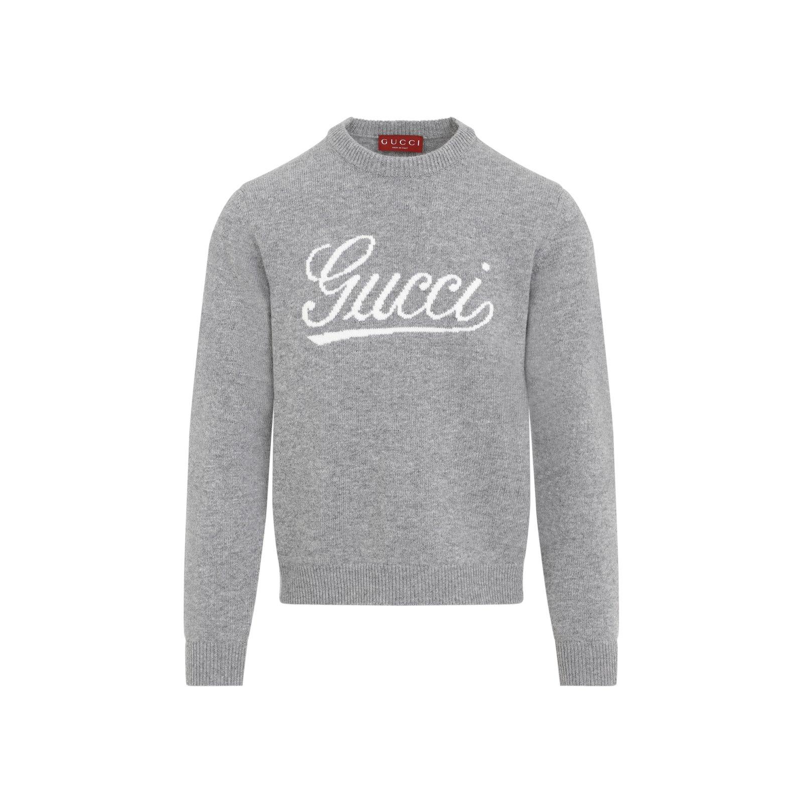 Shop Gucci Logo Intarsia Knit Sweaters In Grey/white