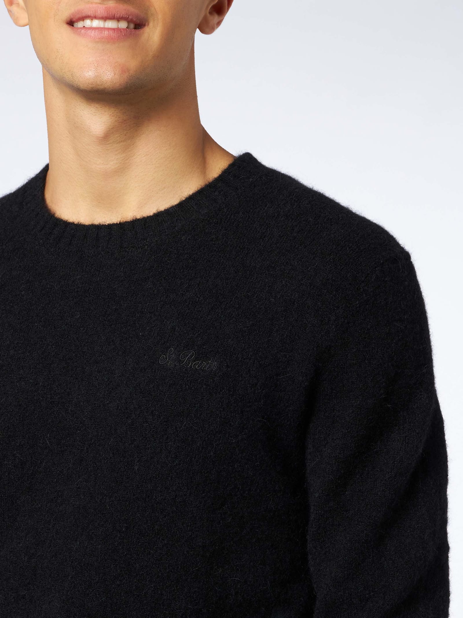 Shop Mc2 Saint Barth Man Black Stretch Wool Sweater With St. Barth Embroidery