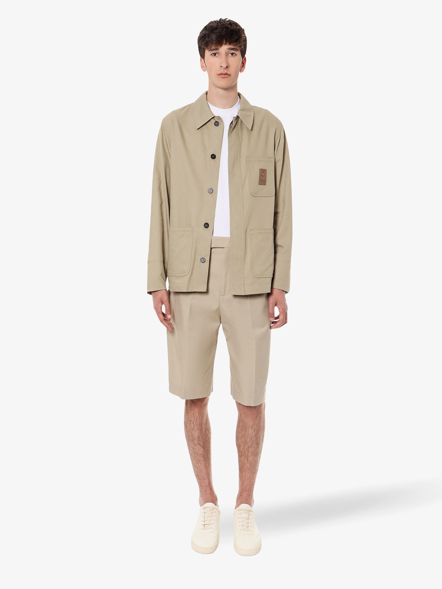 Ferragamo Men Cotton And Viscose Jacket With Gancini Leather Patch In Beige
