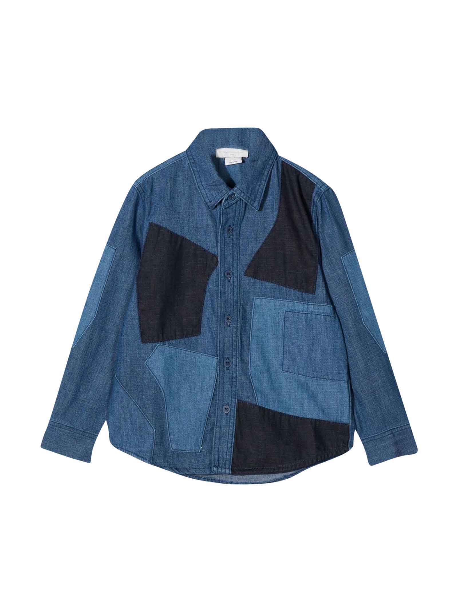 Stella McCartney Kids Blue Denim Shirt With Patchwork, Classic Collar And Frontal Closure
