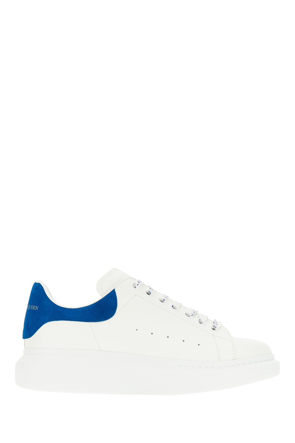 Shop Alexander Mcqueen White Leather Sneakers With Blue Suede Heel In White Navy