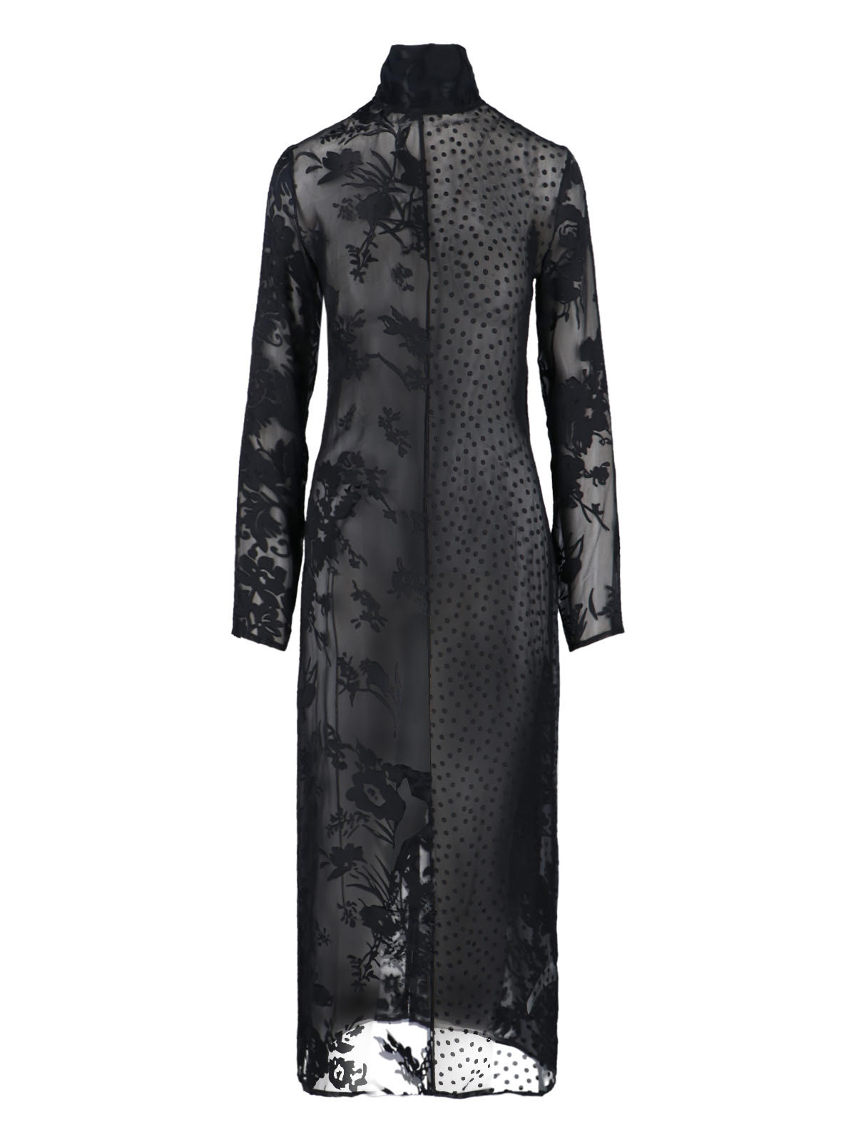 Marine Serre Sheer Black Midi Dress With Floral Patterns And Scarf Detail In Black