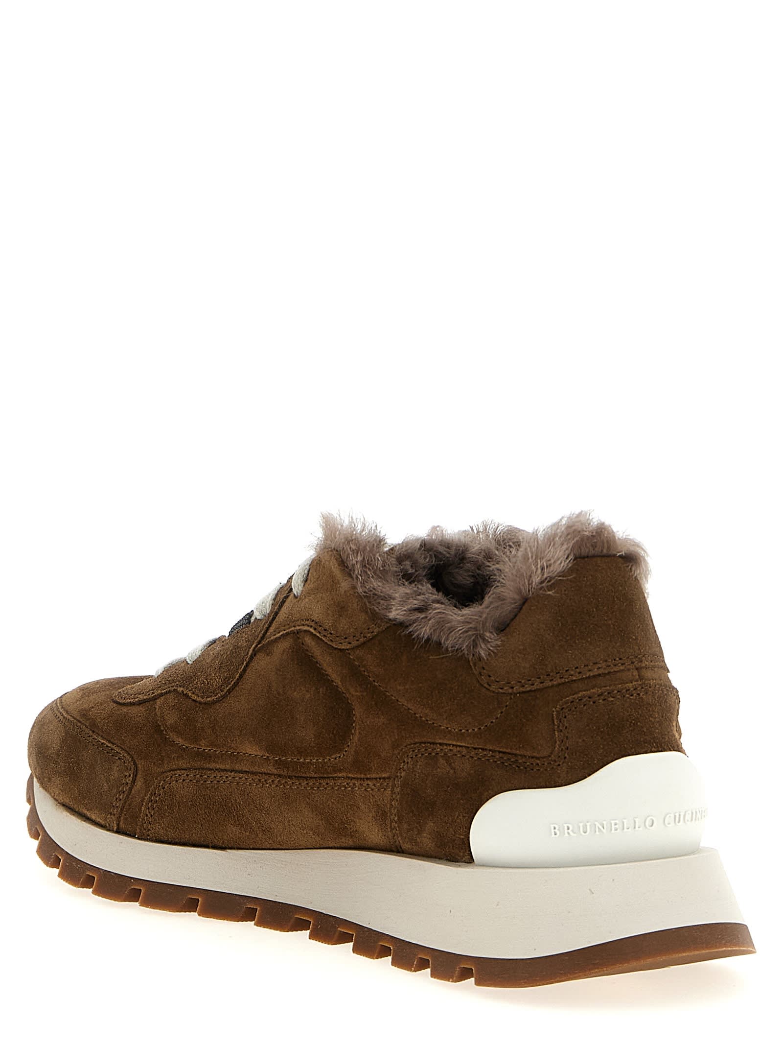 Brunello Cucinelli Runner Monili Suede And Canvas Sneakers In Nude