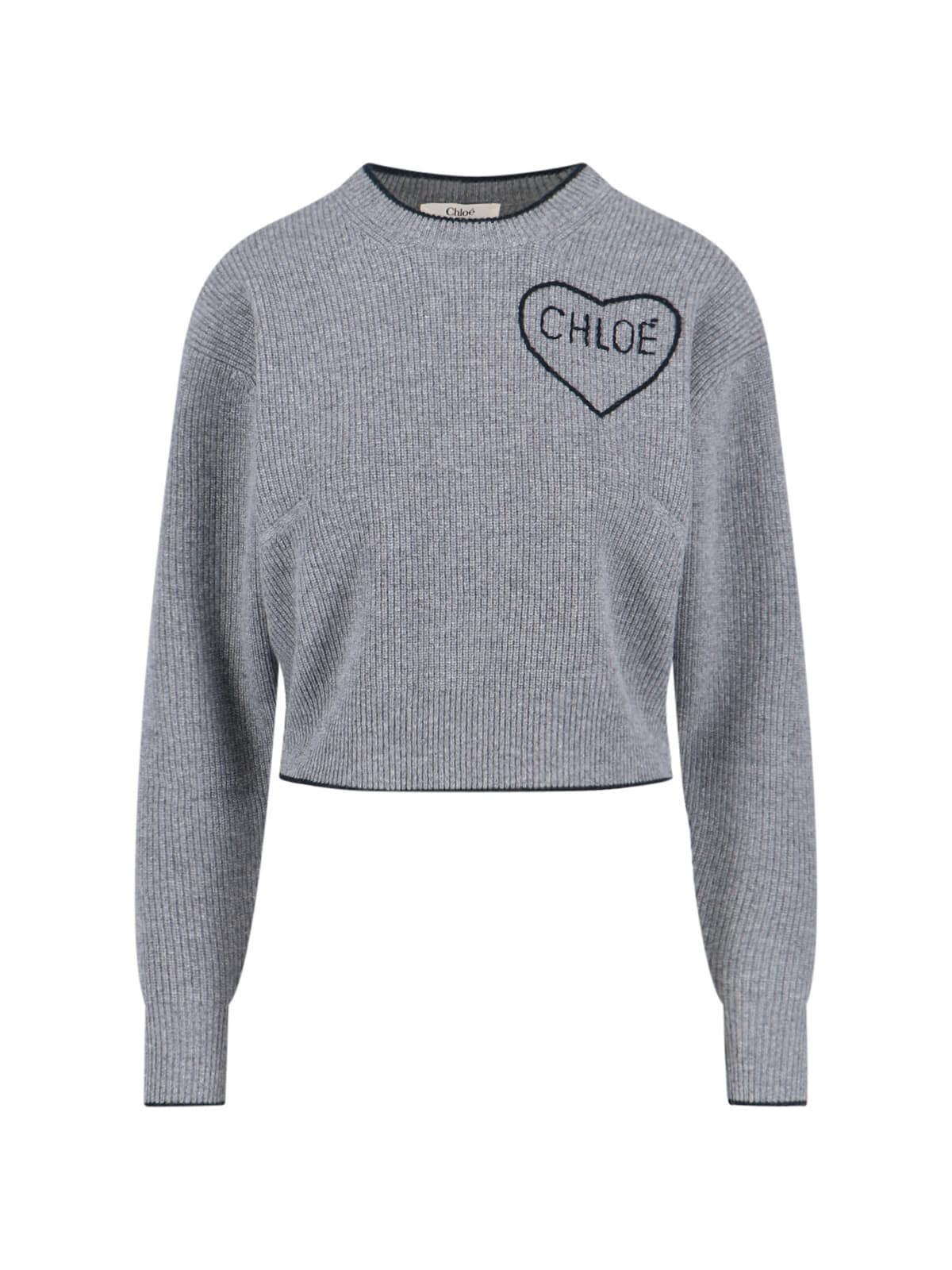 Chloé Cropped Wool Knit Sweater With Logo In Gray