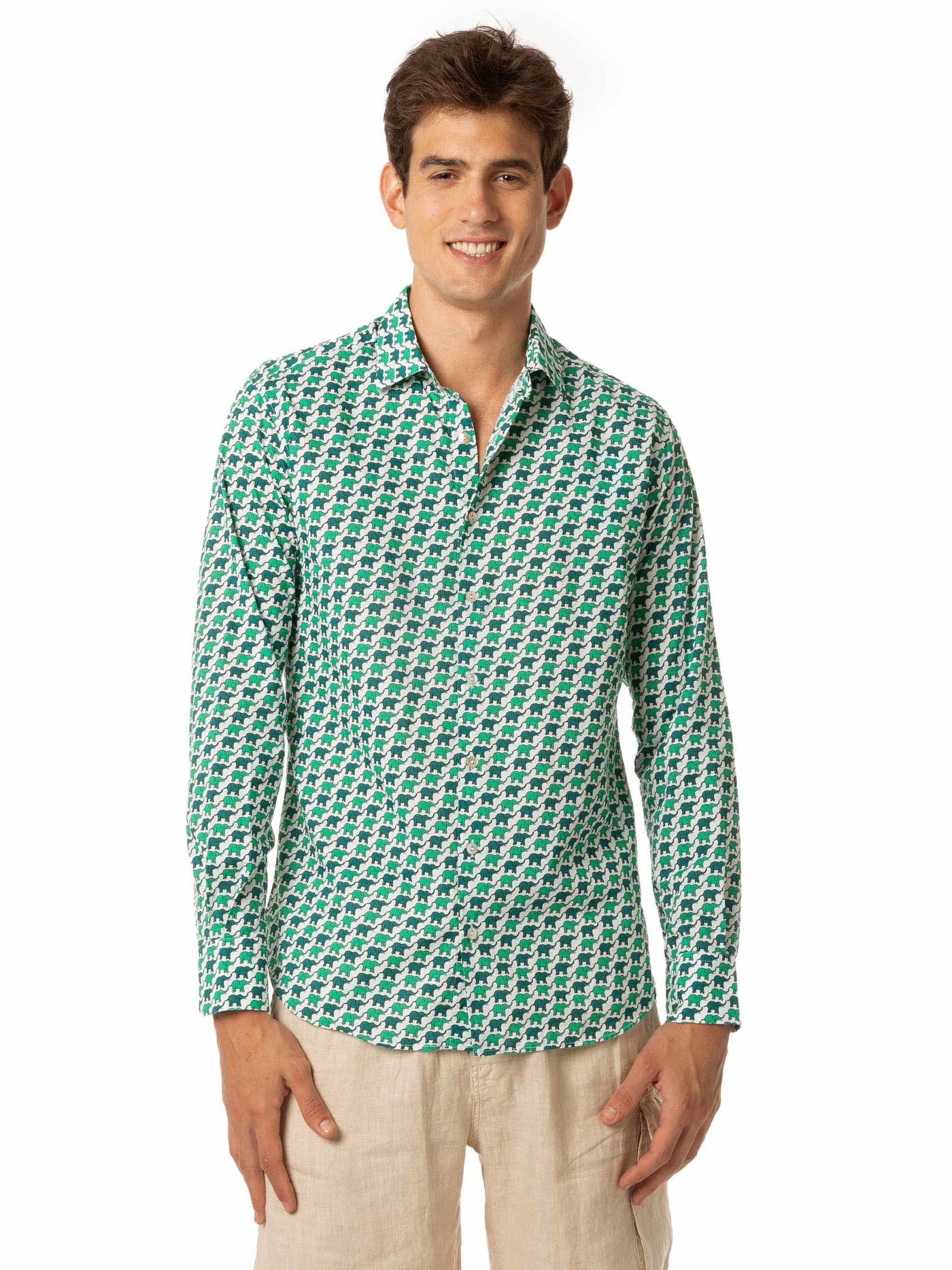 Mc2 Saint Barth Man Cotton Shirt With Elephant Print In White