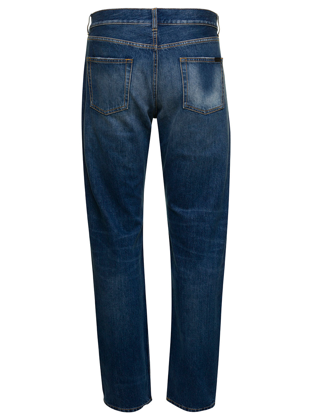 Shop Saint Laurent Blue Straight Jeans With Logo Patch In Cotton Denim Man In Light Blue
