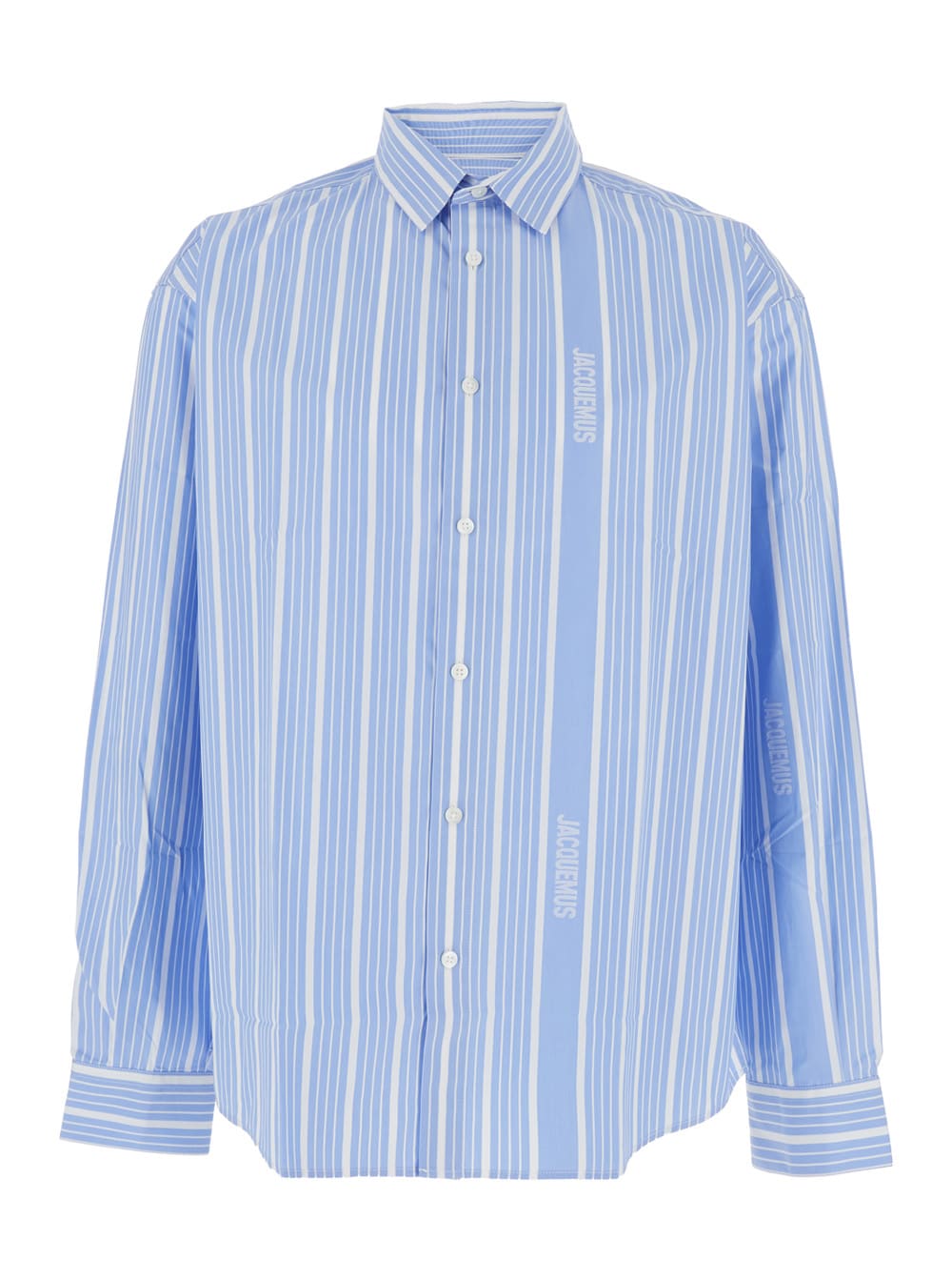 Jacquemus Simon Light Blue Shirt With All-over Stripe Motif And Logo Lettering In Cotton Man In Blue