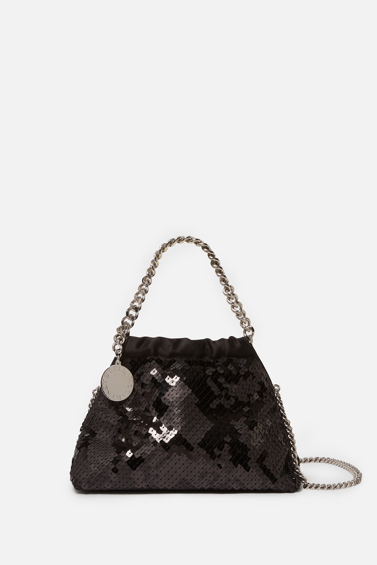 Stella Mccartney Falabella Mini Drawstring Bag Pixel Snake Sequins Embroidery In Black