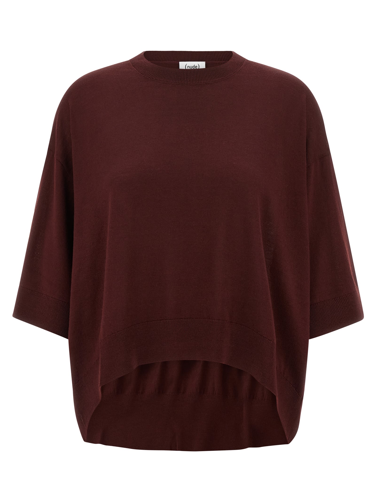 Nude Cropped Wool Sweater With Crew Neck And Asymmetrical Hem In Burgundy