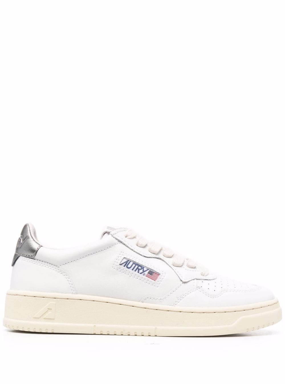 Autry Low 01 White Leather Sneakers With Silver Heel Tab