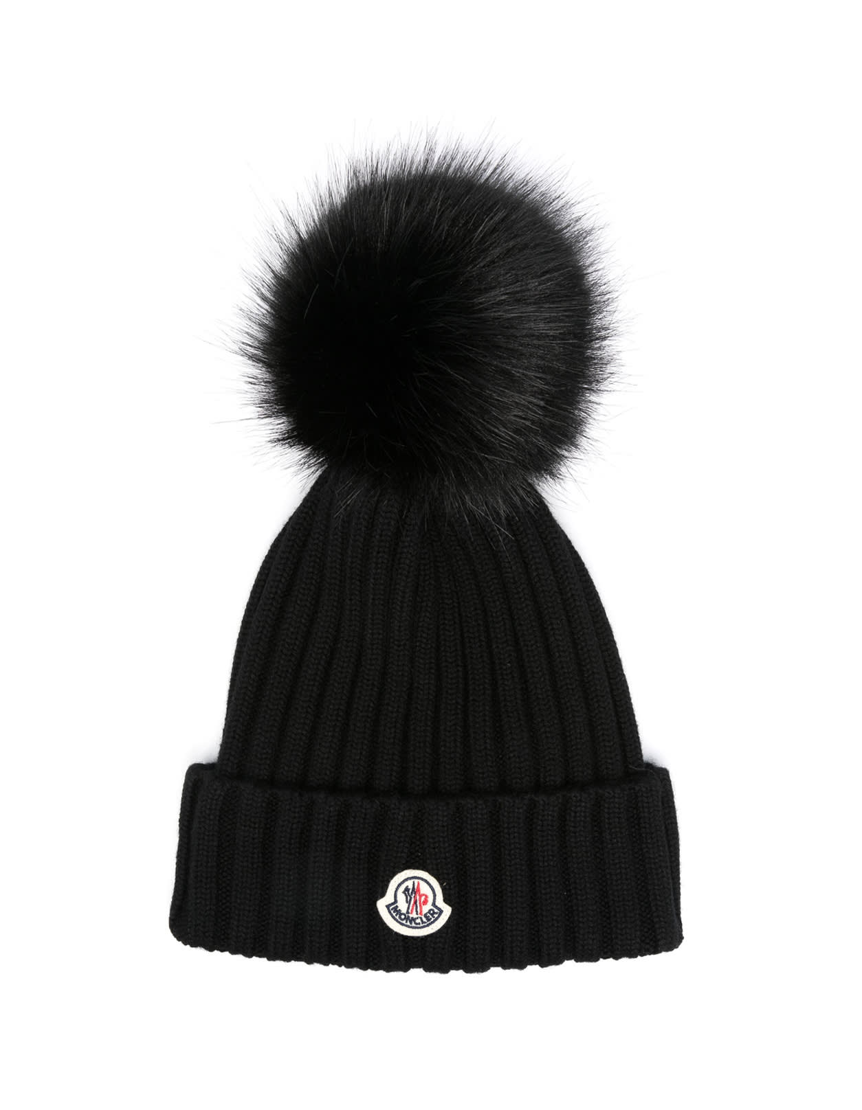 Moncler Black Ribbed Beanie With Pompon