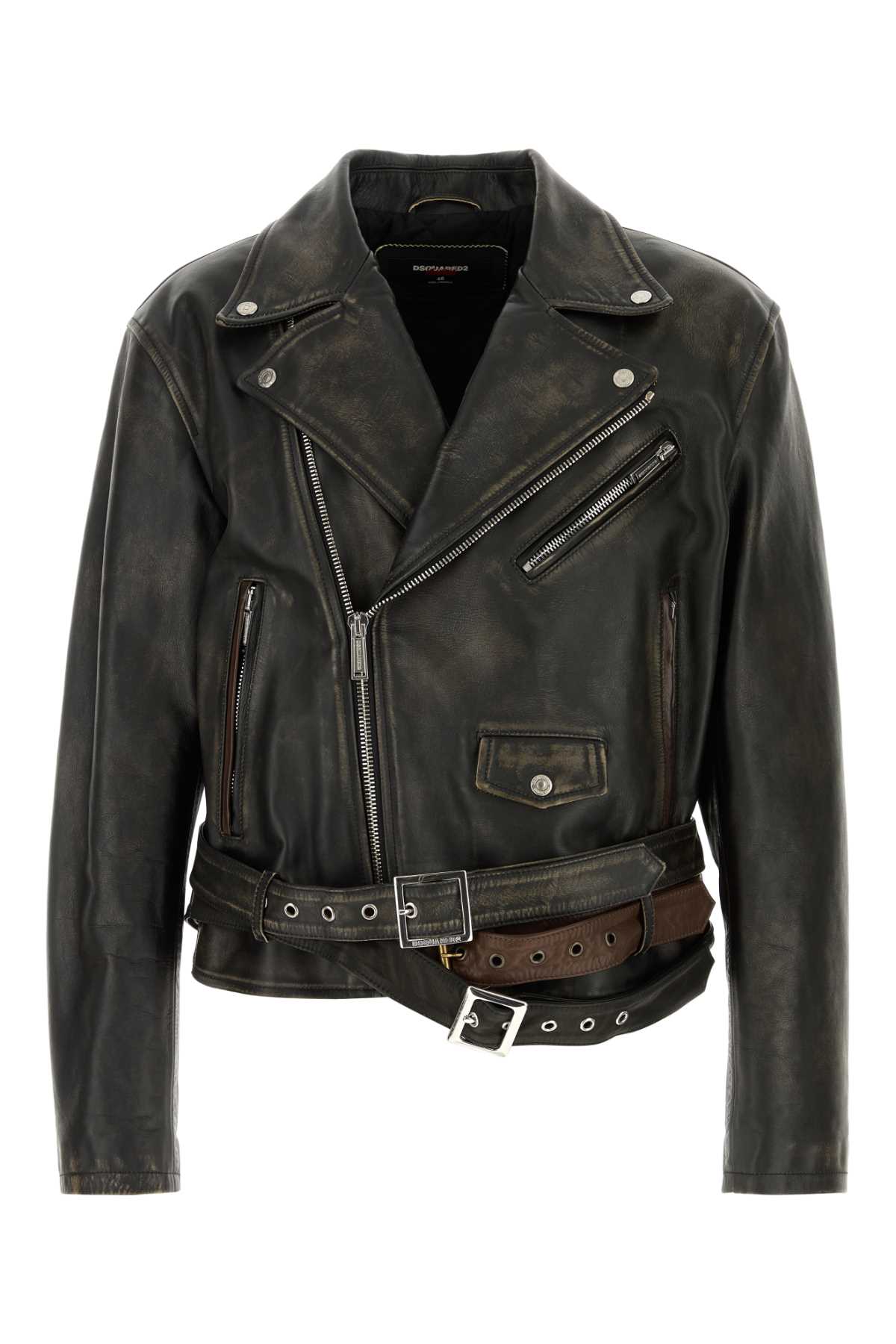 Dsquared2 Leather Jacket With Belted Waist And Pockets In Black