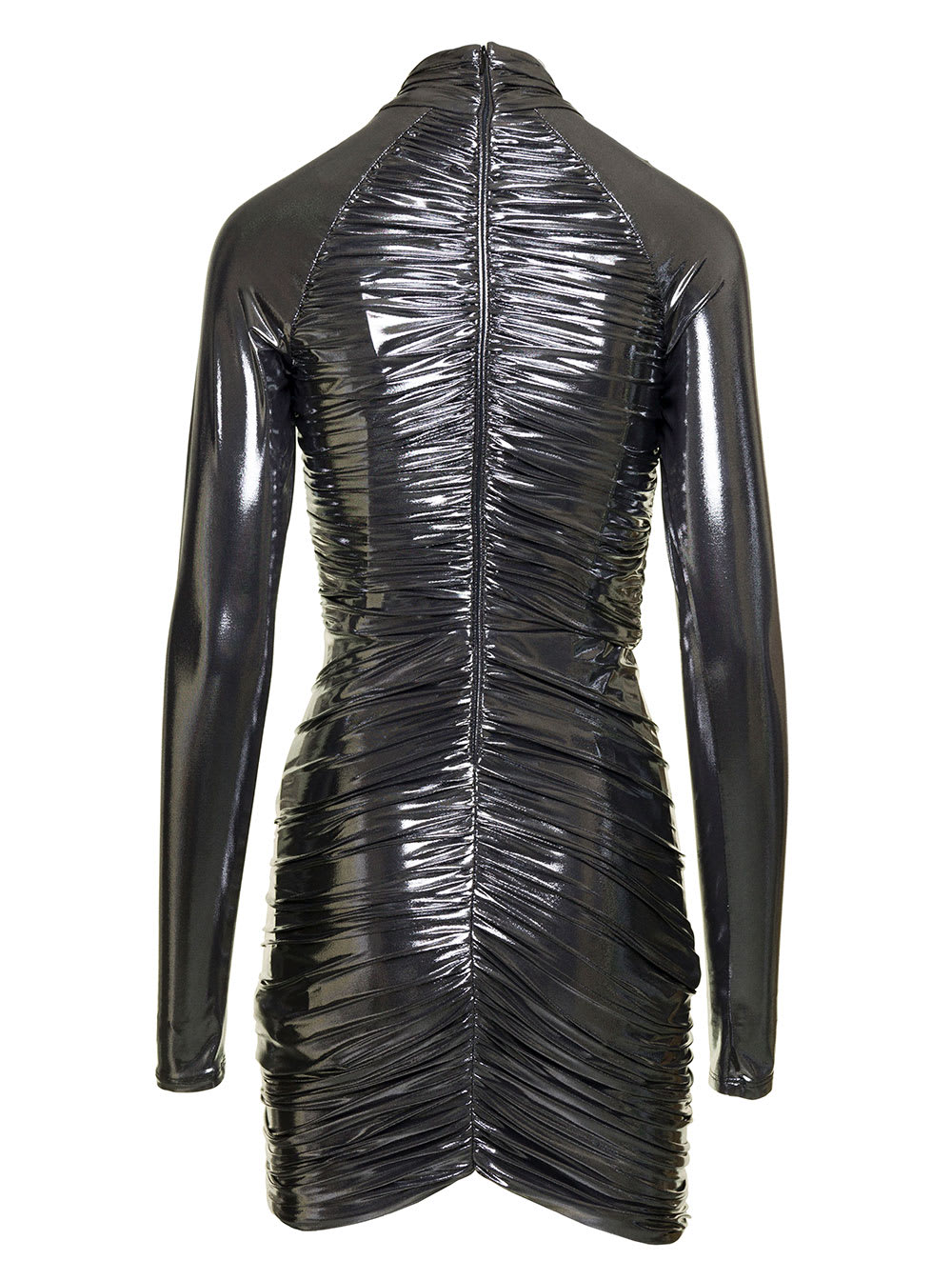 Shop Ferragamo Mini Silver-colored Gathered Dress In Laminated Fabric Woman In Metallic