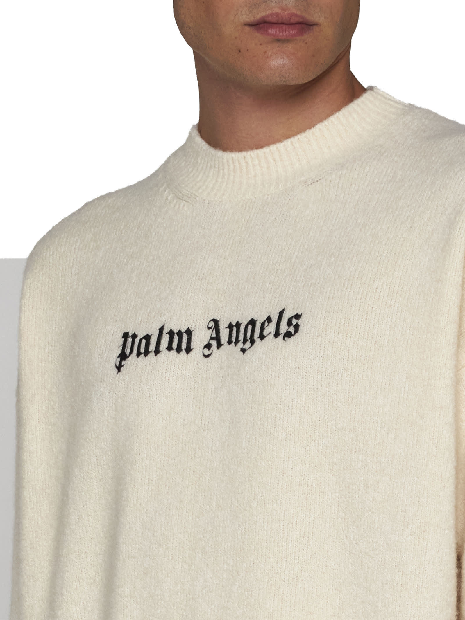 Palm Angels "classic Logo" Merino Wool And Cashmere Sweater In Avorio
