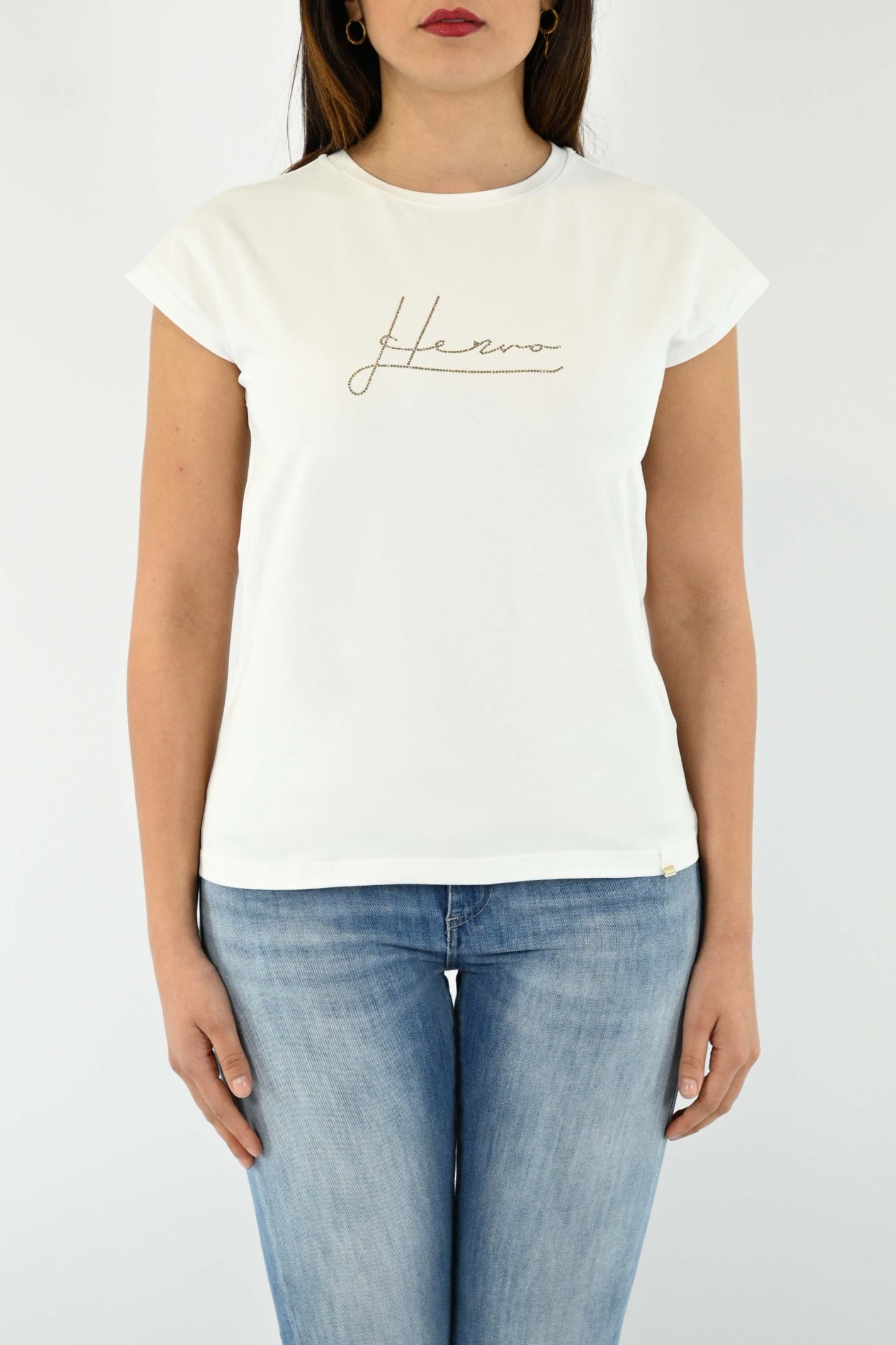 Herno Crystal-embellished Logo T-shirt In Bianco/marrone