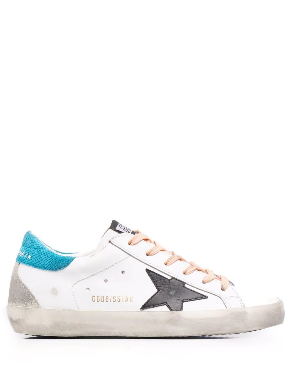 Golden Goose Woman White Super-star Sneakers With Peach Pink Laces, Black Star And Spoiler In Light Blue Fabric