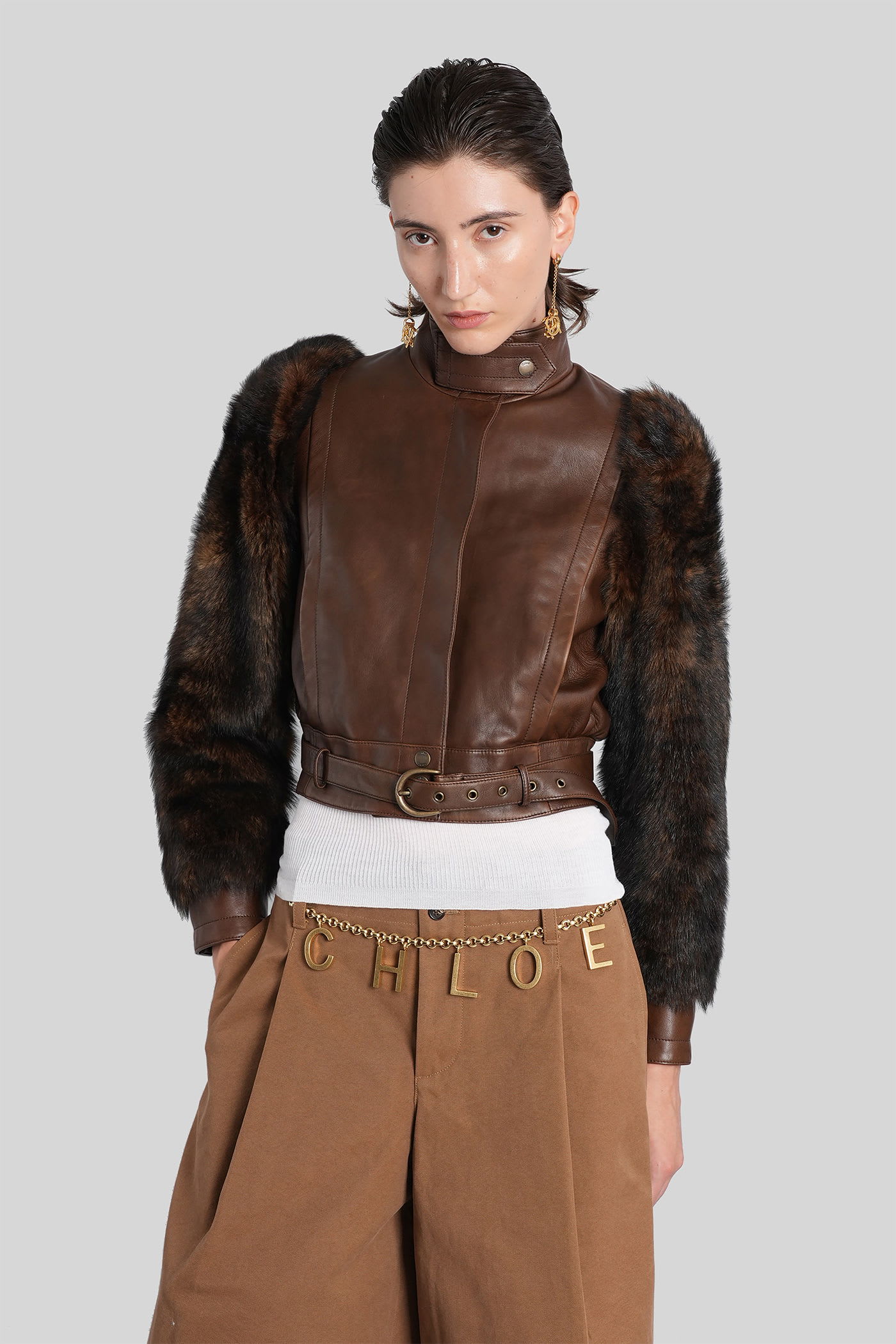 Chloé Leather Jacket With Belted Waist And Fur Sleeves In Brown