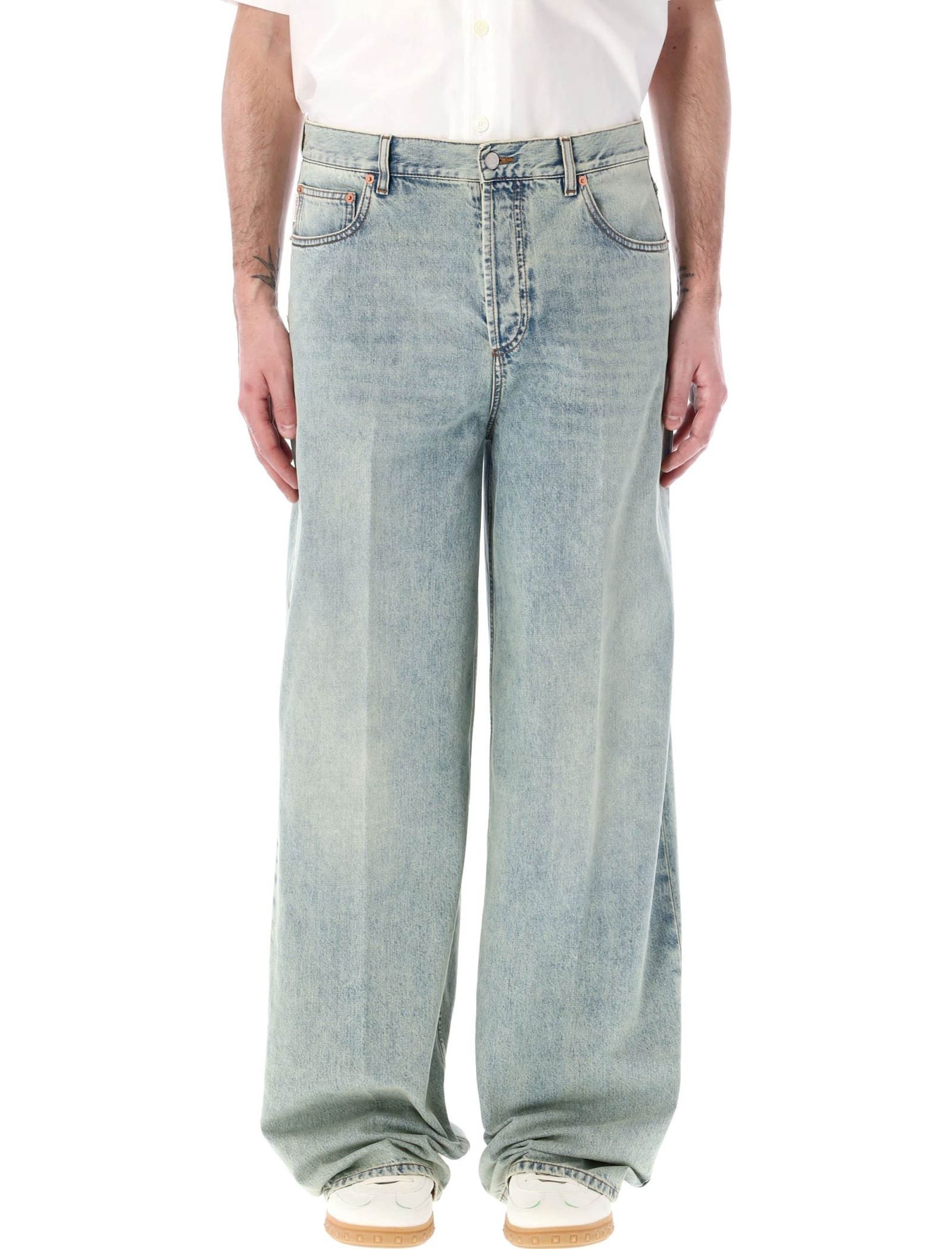 Shop Valentino Oversized Denim Jeans In Ligh Blue