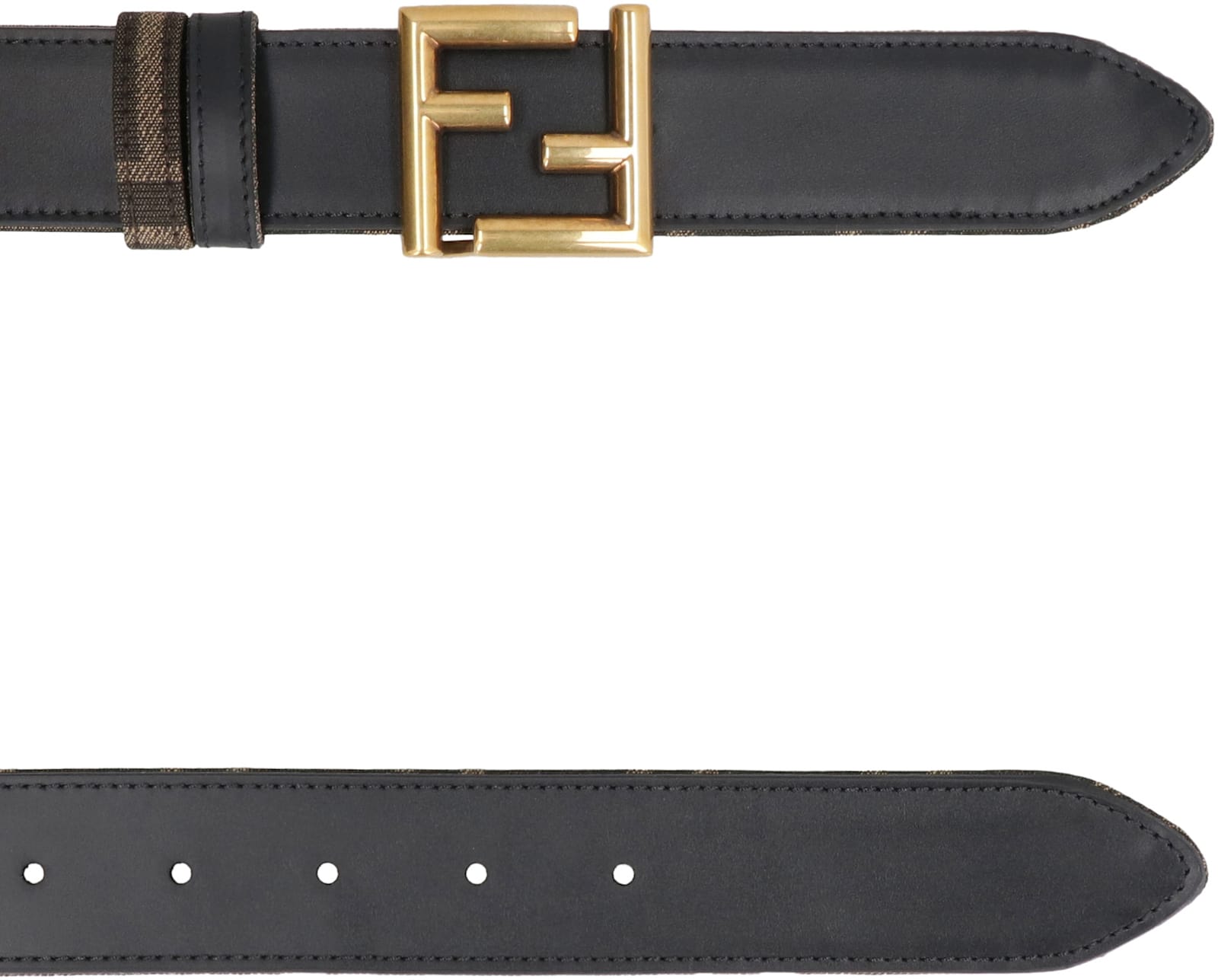 Fendi Leather And Ff Fabric Reversible Belt In Black