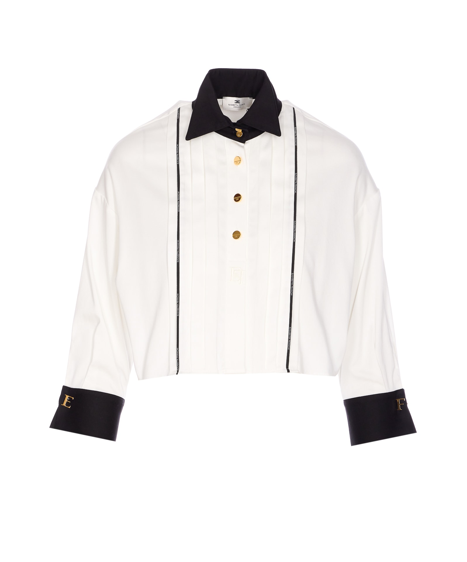 Elisabetta Franchi Casual Contrast Collar Crewneck Embroidered Long Sleeves In White