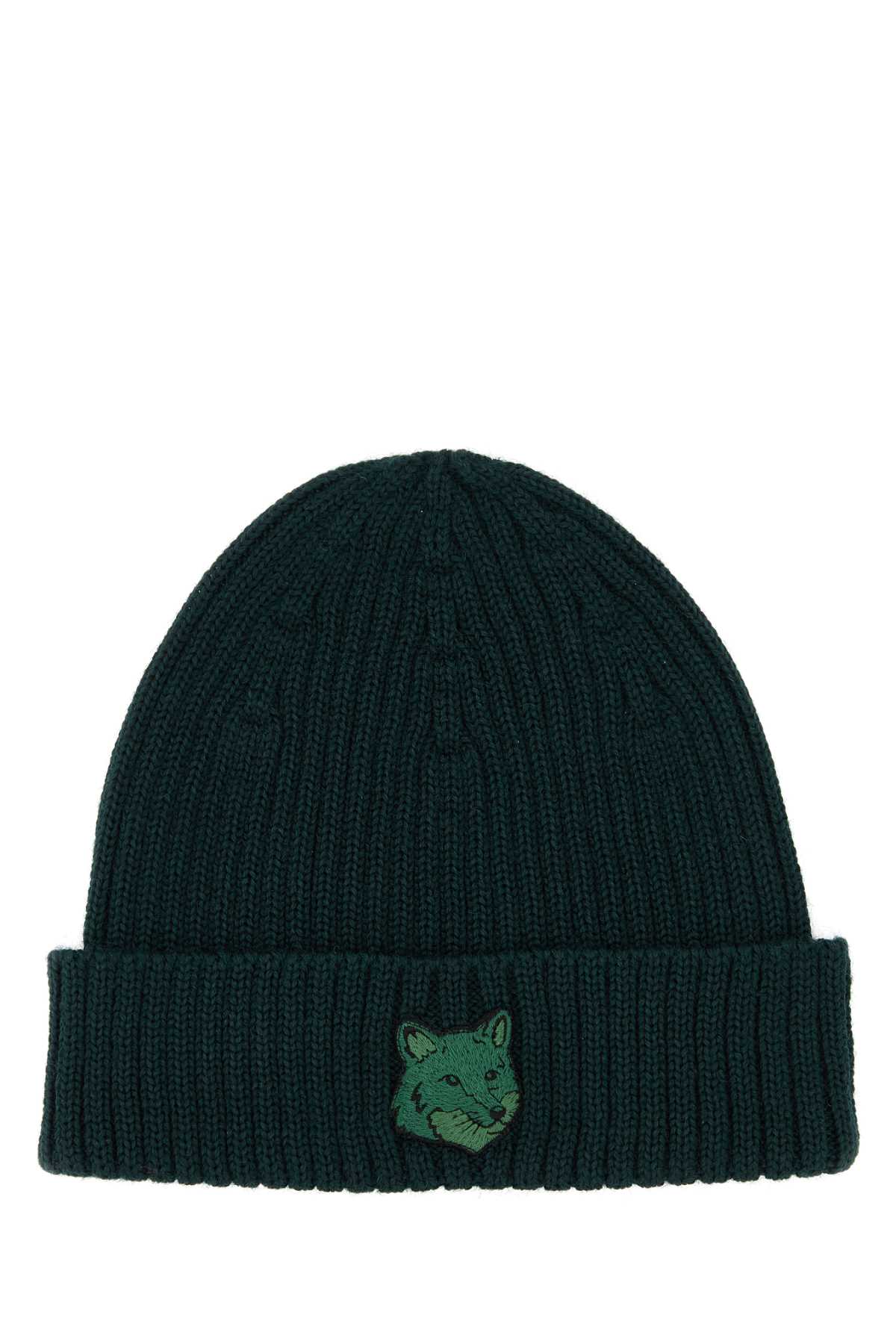 MAISON KITSUNÉ DARK GREEN WOOL BEANIE HAT 