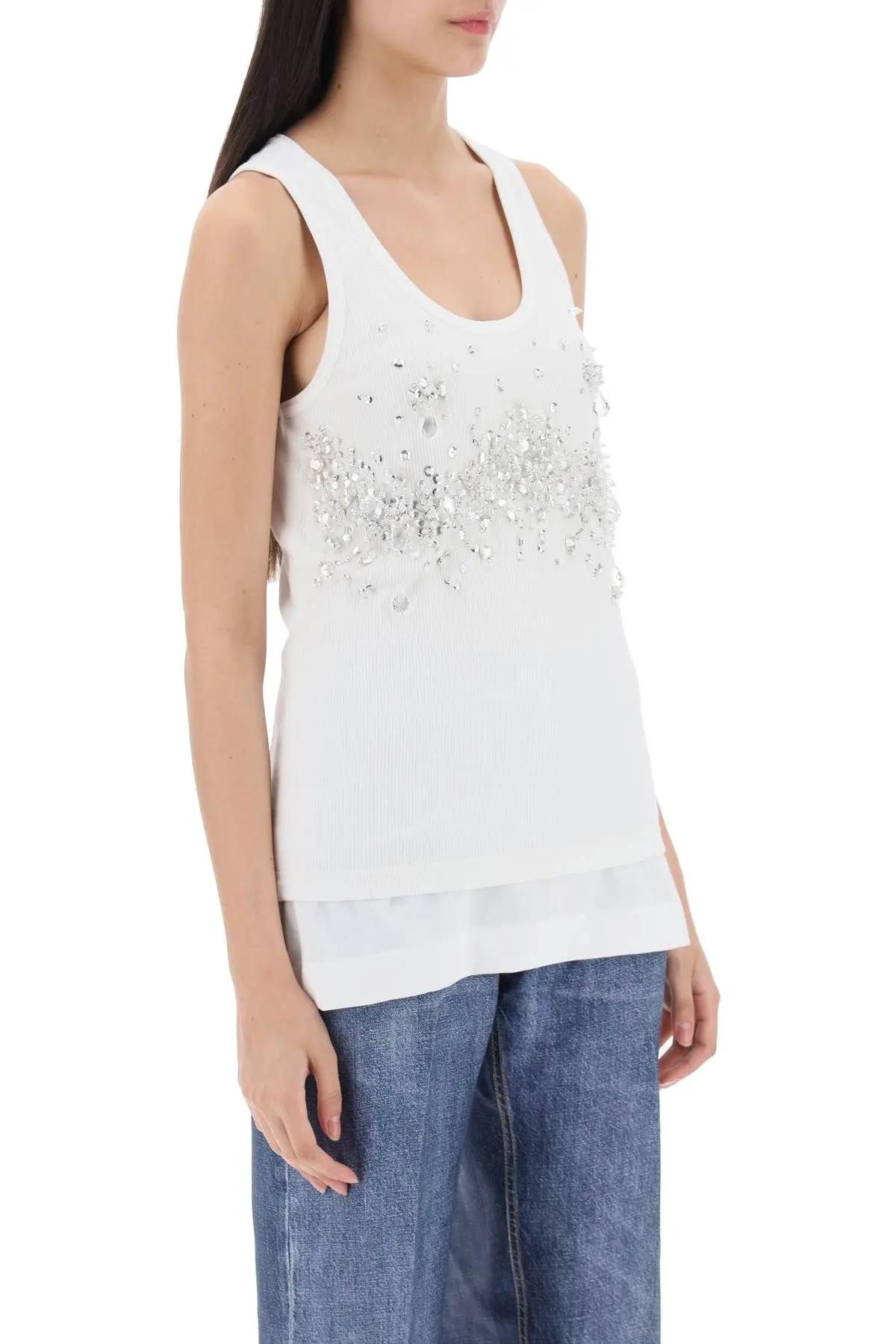 Bottega Veneta Double-layered Ribbed Tank Top With Crystals And Sequins In White