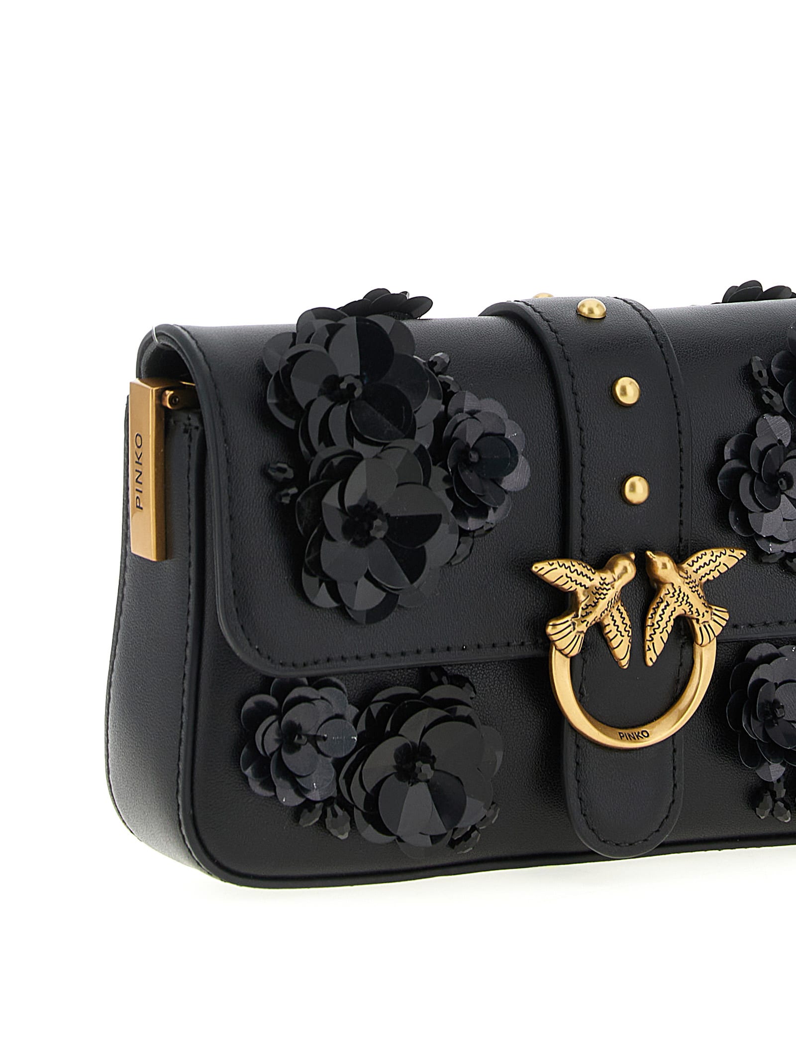 Pinko Baby Love Bag Slouchy Shoulder Bag In Leather With Jewel Flowers In Black