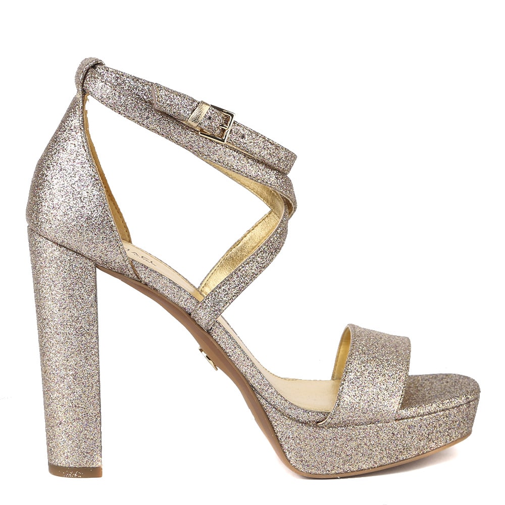 Buy MICHAEL Michael Kors Charlize Gold Glitter Sandal online, shop MICHAEL Michael Kors shoes with free shipping