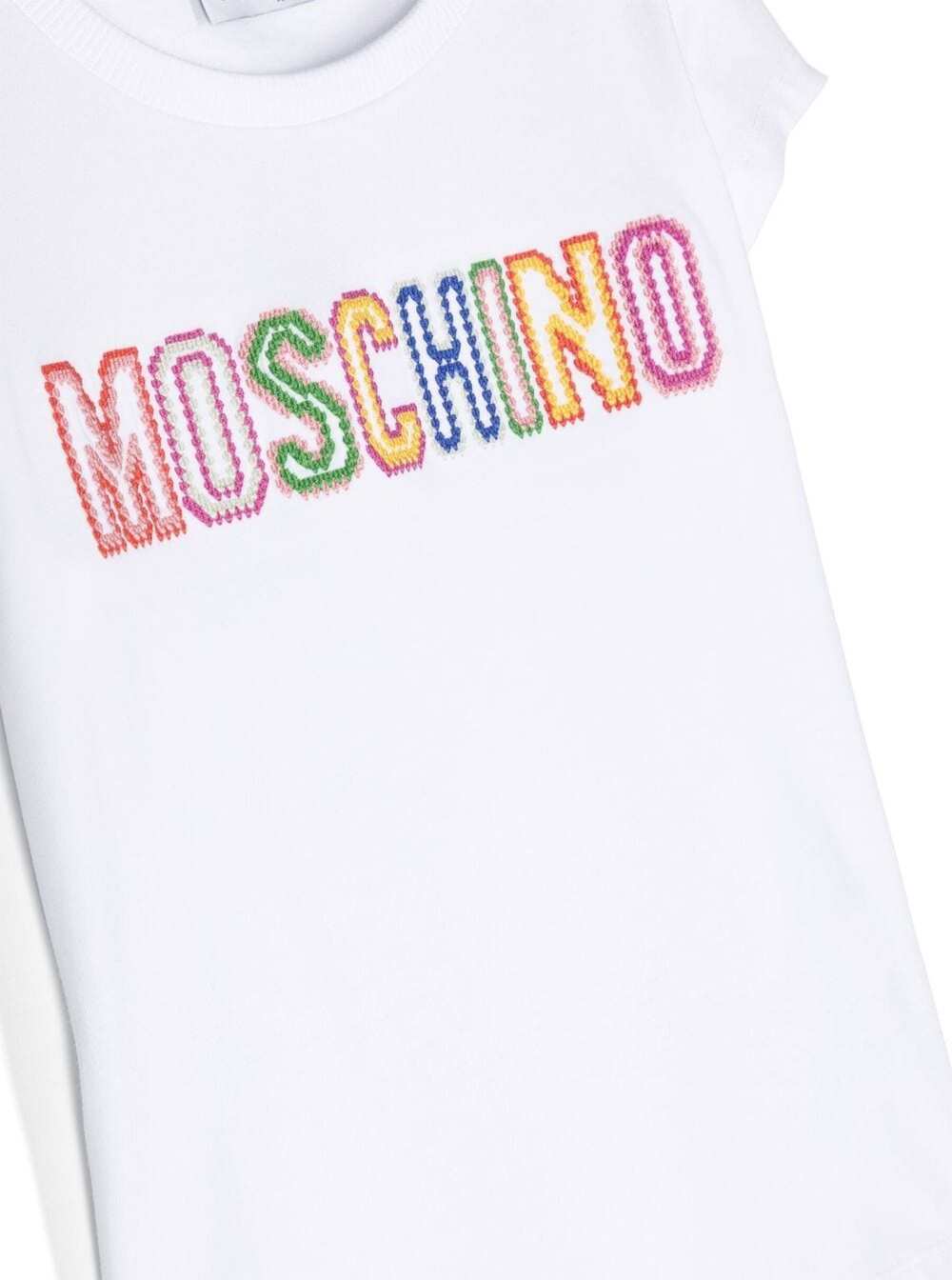 Shop Moschino White Crewneck T-shirt With Multicolor Lettering Embroidery In Stretch Cotton  Kids