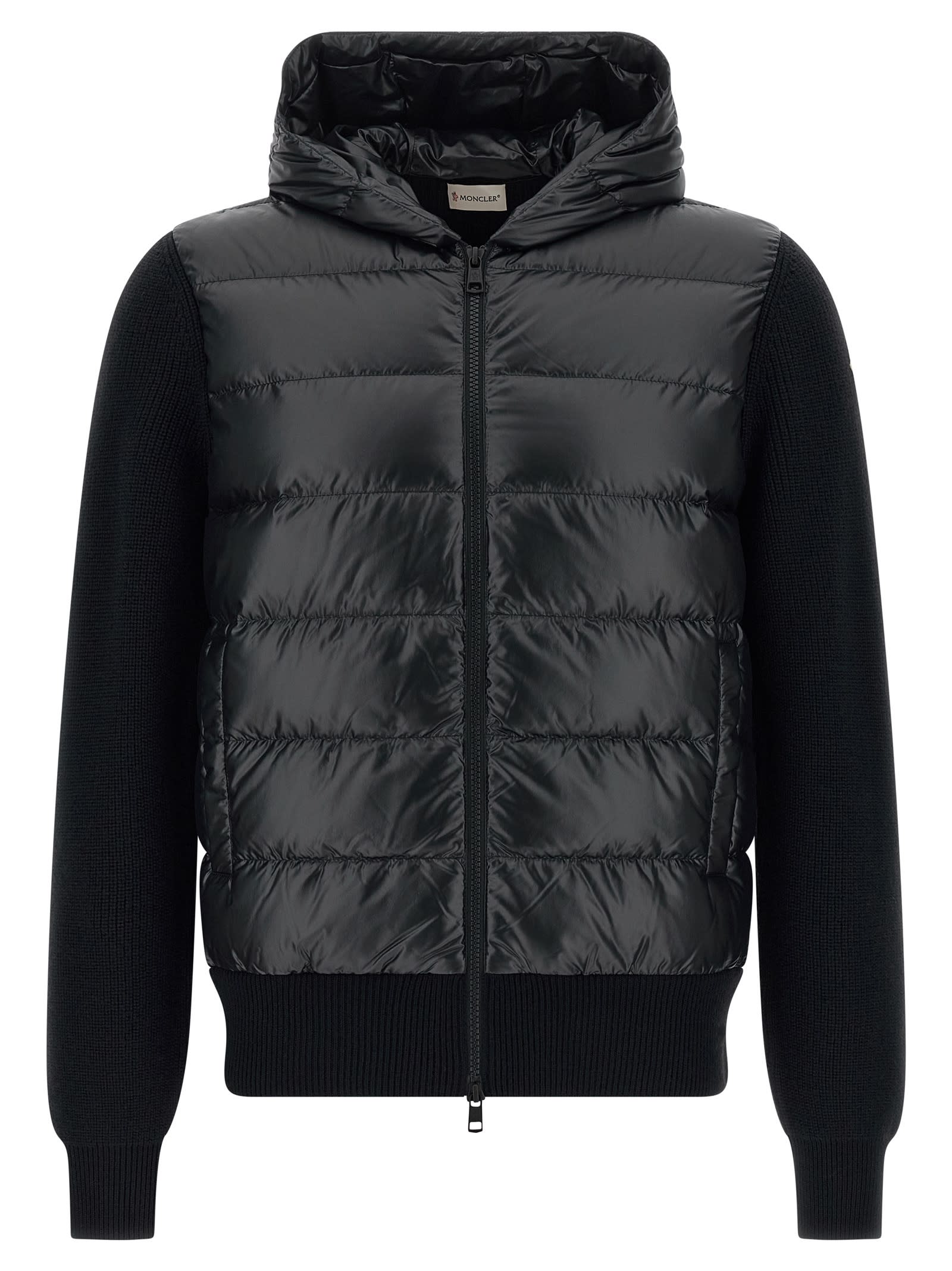 Moncler Hooded Quilted Sweater Ribbed Sleeves In Black