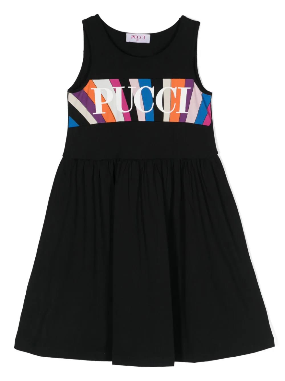Pucci Kids' Black Flared Dress With Iride And Logo Print Band