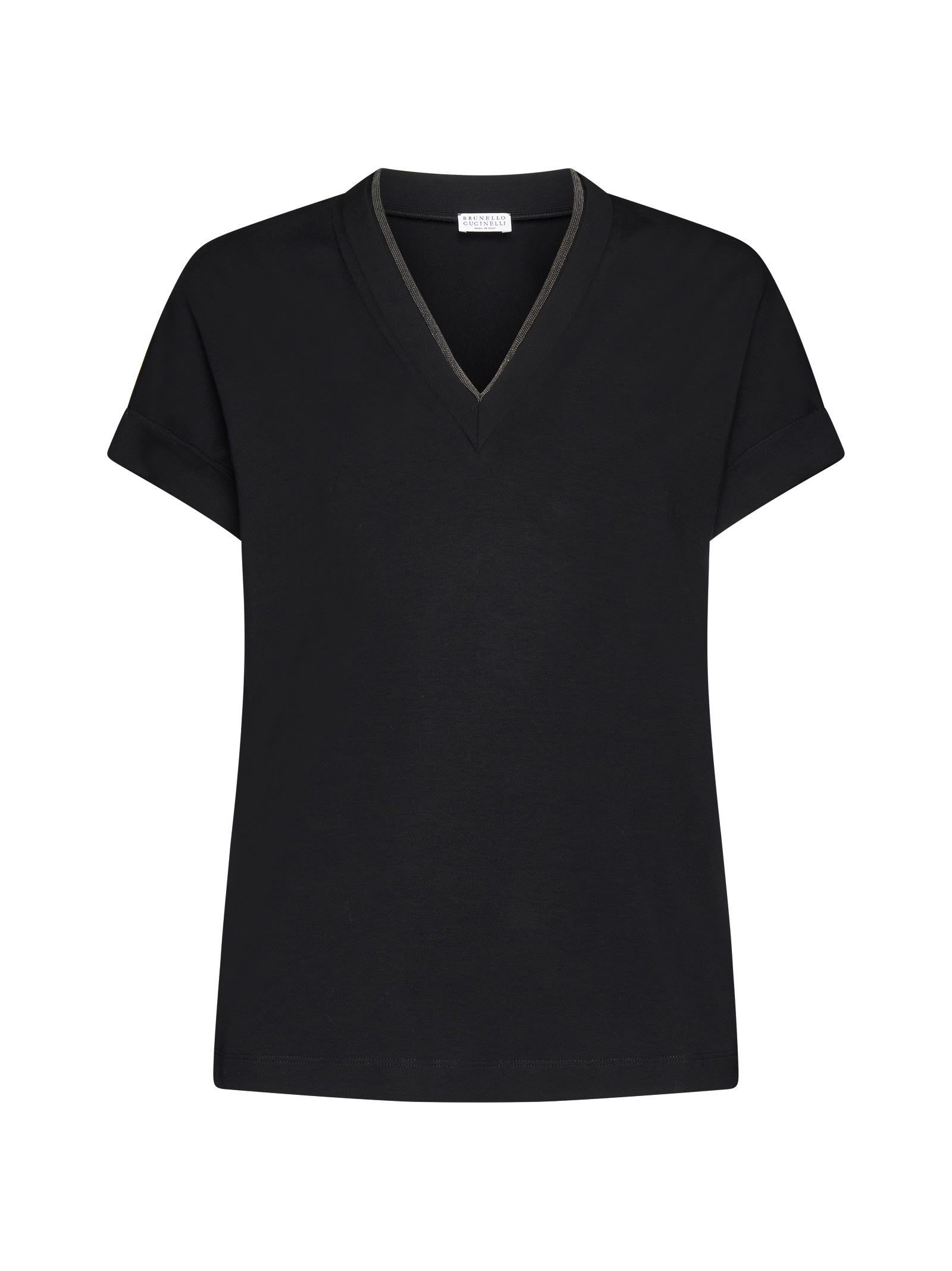 Brunello Cucinelli Black V-neck T-shirt With Monile Detail In Stretch Cotton Woman In Nero