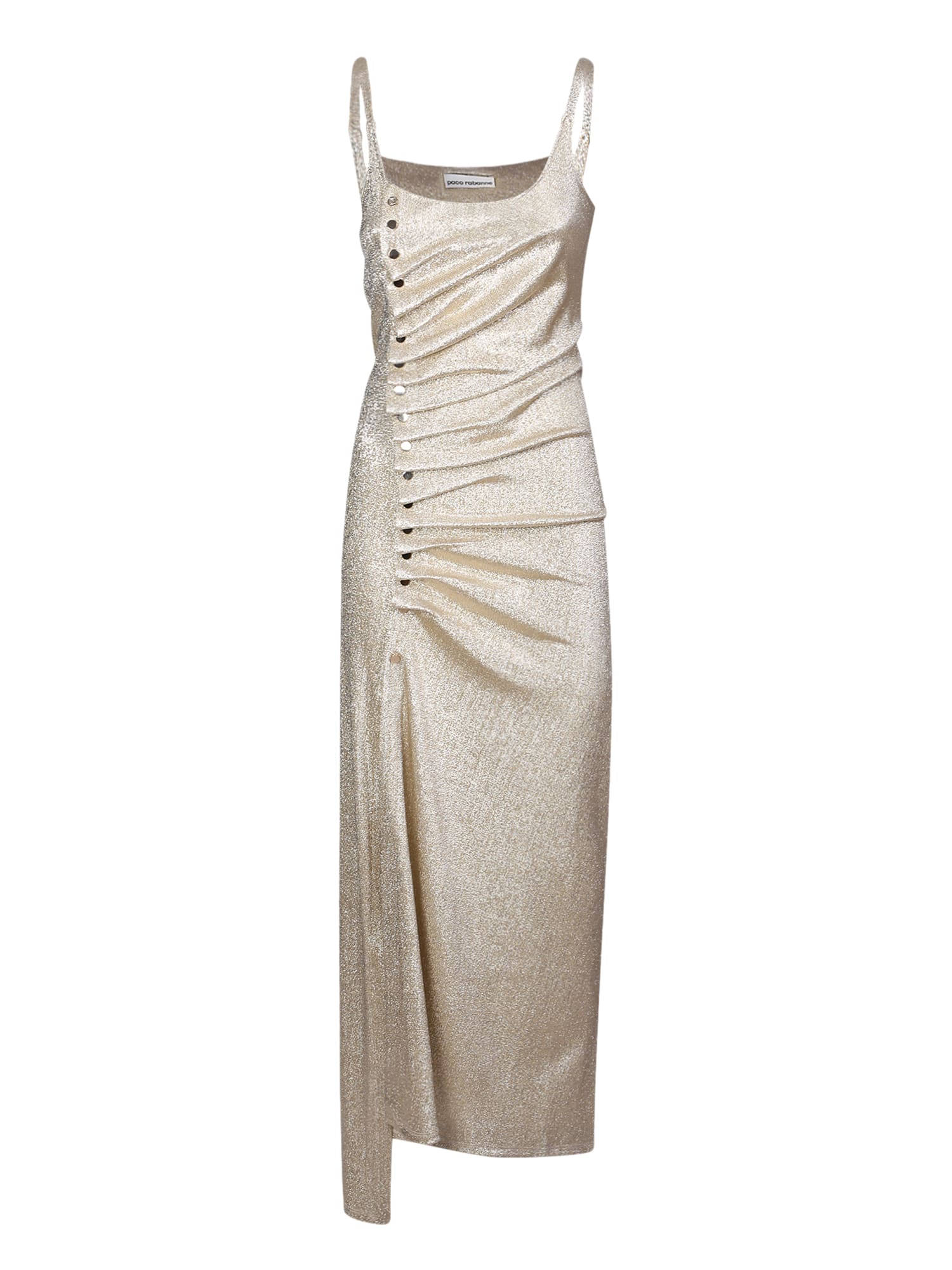 Rabanne Button-embellished Ruched Maxi Dress In Metallic