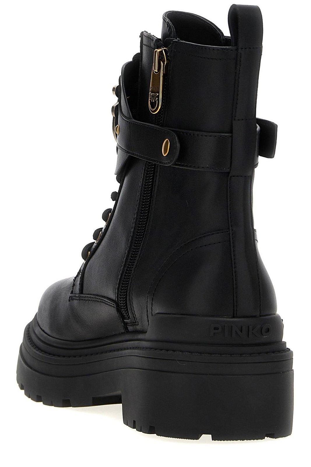 Shop Pinko Logo Plaque Combat Boots In Nero Limousine