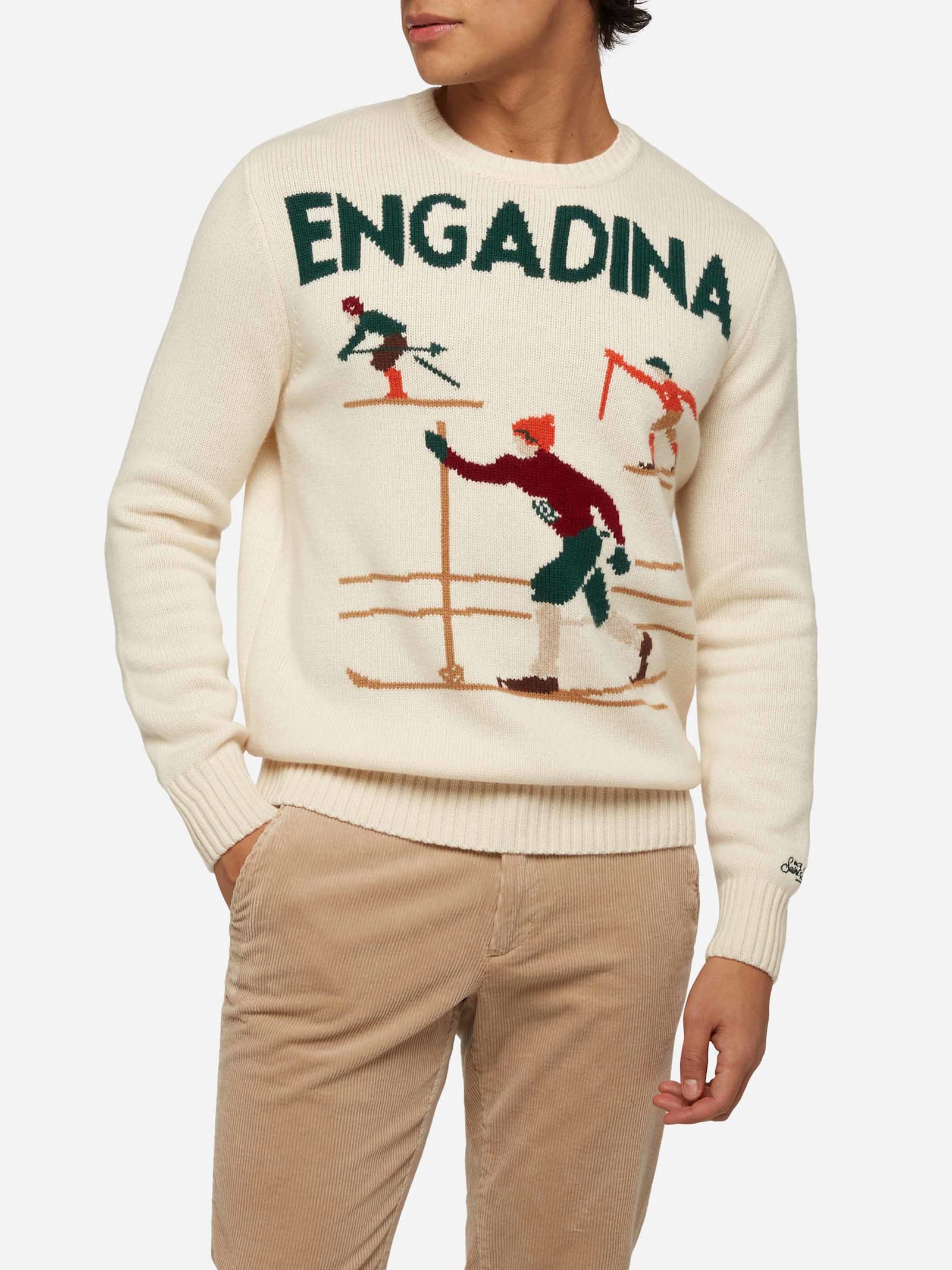 White Sweater Bombardino Light With Engadina Skiers Jacquard