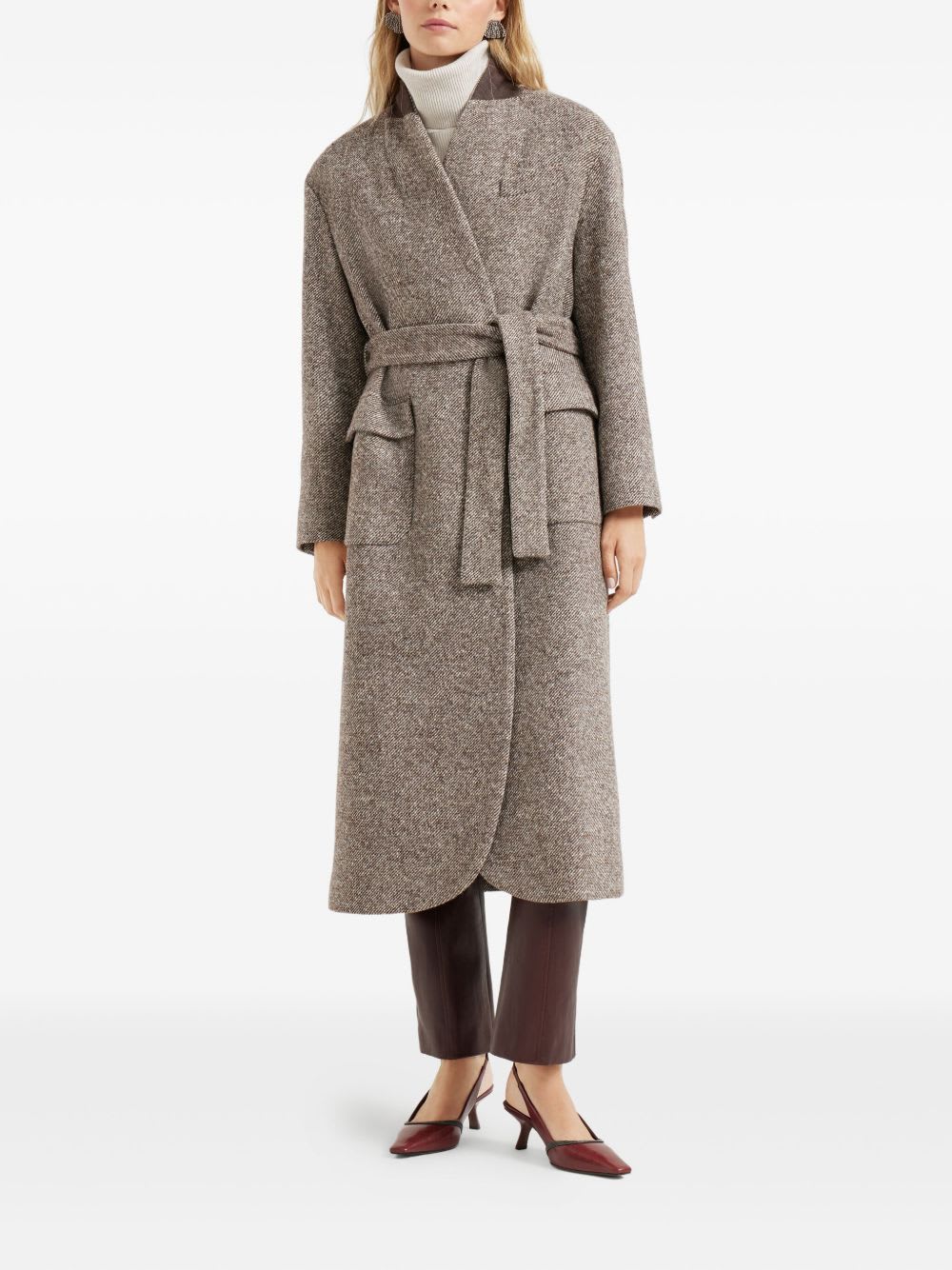 Brunello Cucinelli Wrap Front Belted Coat In Brown