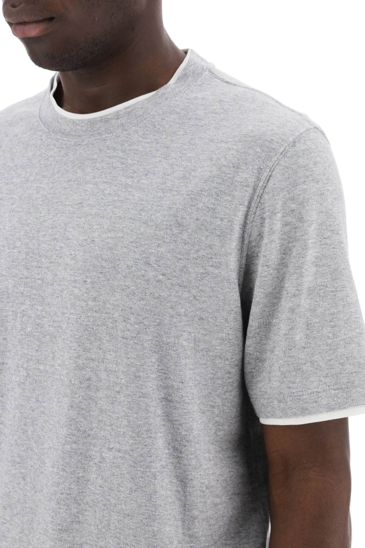 Shop Brunello Cucinelli Overlapped-effect T-shirt In Linen And Cotton In Grigio Medio Off White (grey)
