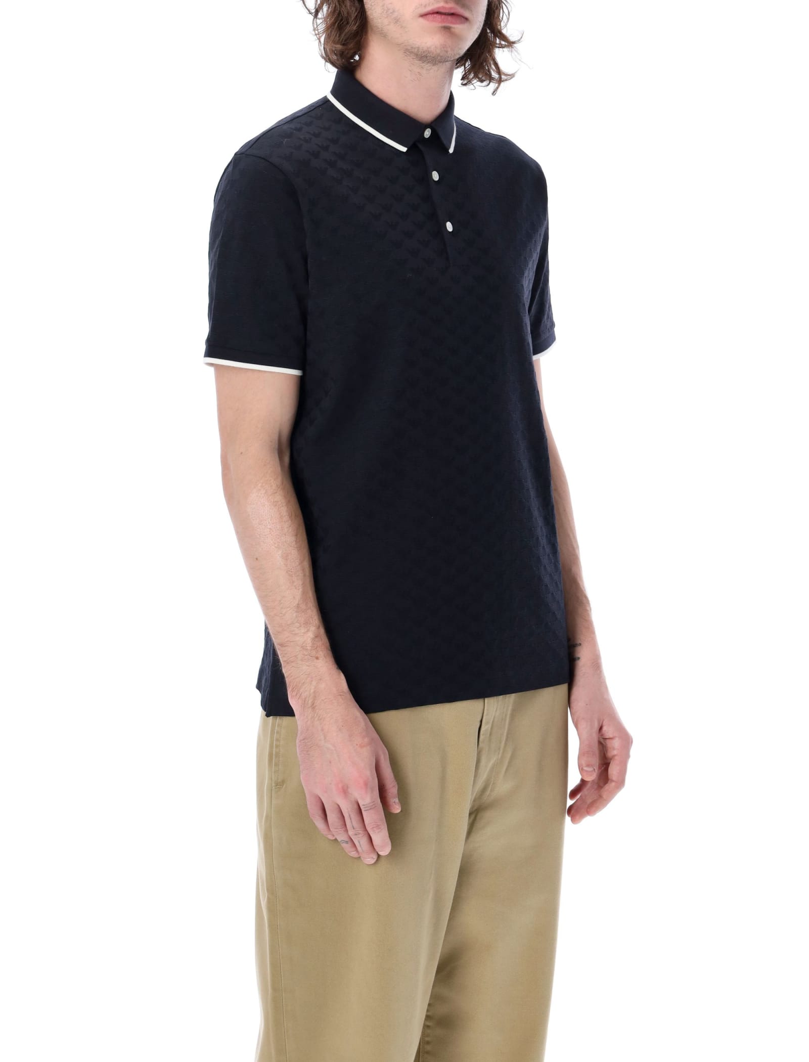 Emporio Armani Jersey Polo Shirt With All-over Jacquard Eagle In Navy Blue