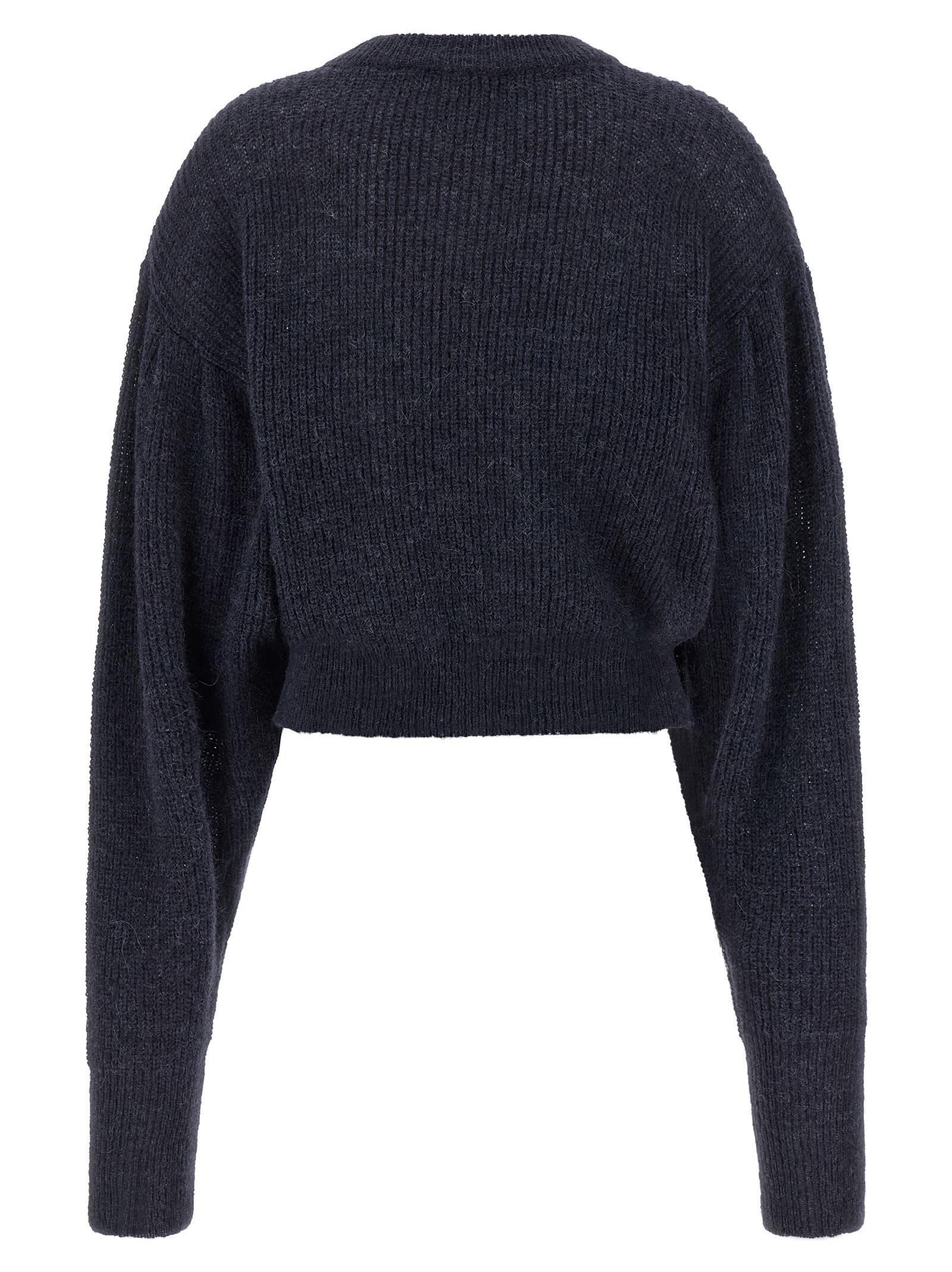 Rotate Birger Christensen Crew Neck Cropped Knit Puff Sweater In Blue