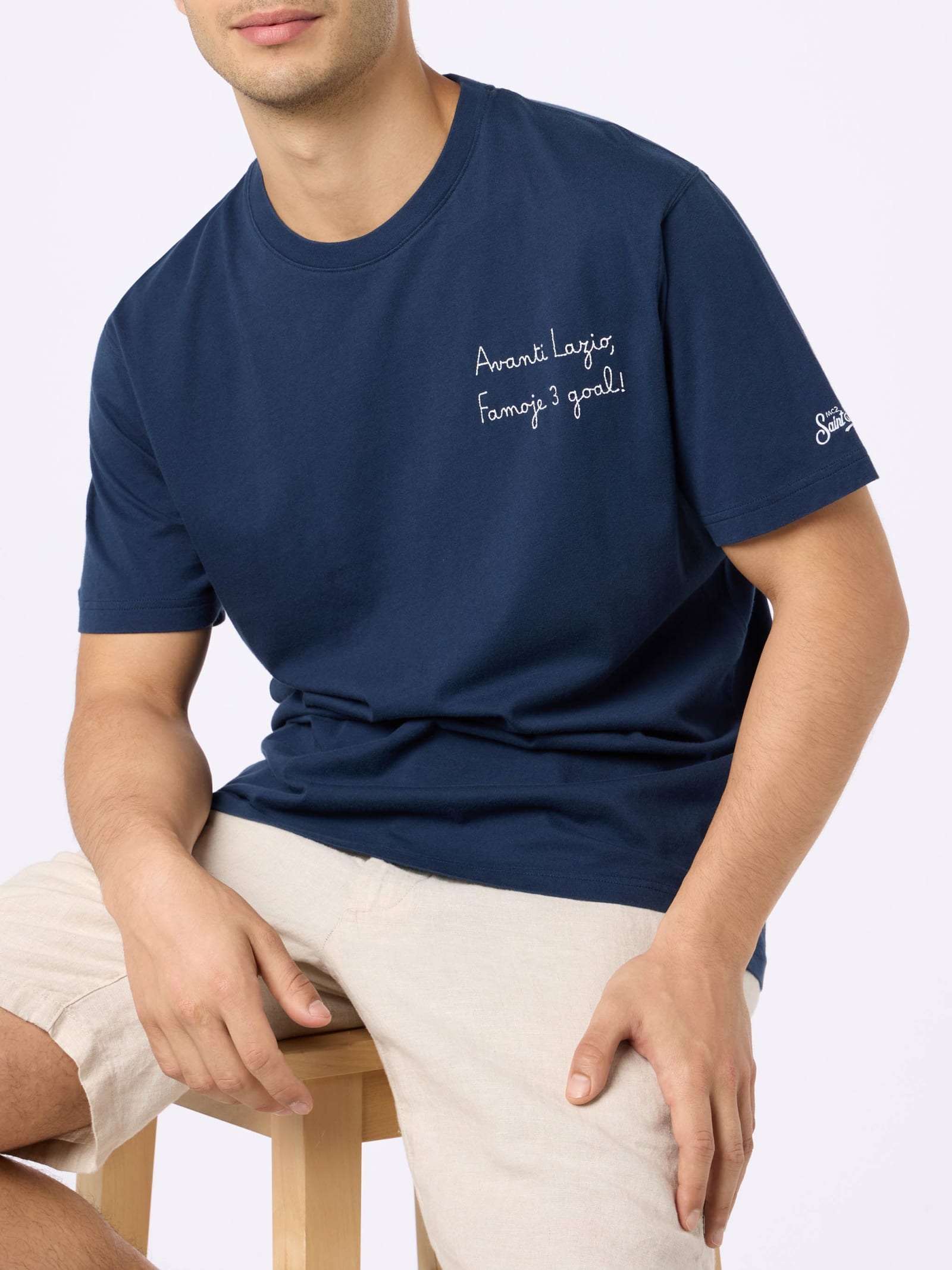 Shop Mc2 Saint Barth Man Cotton T-shirt With Avanti Lazio, Famoje 3 Goal! Embroidery Ss Lazio Special Edition In Blue