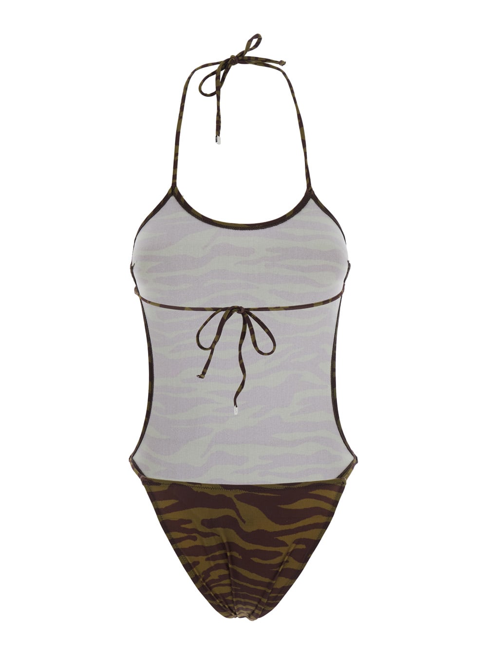 Attico Green Swimsuit With Halterneck With Tie And All-over Print In Tech Fabric Stretch Woman