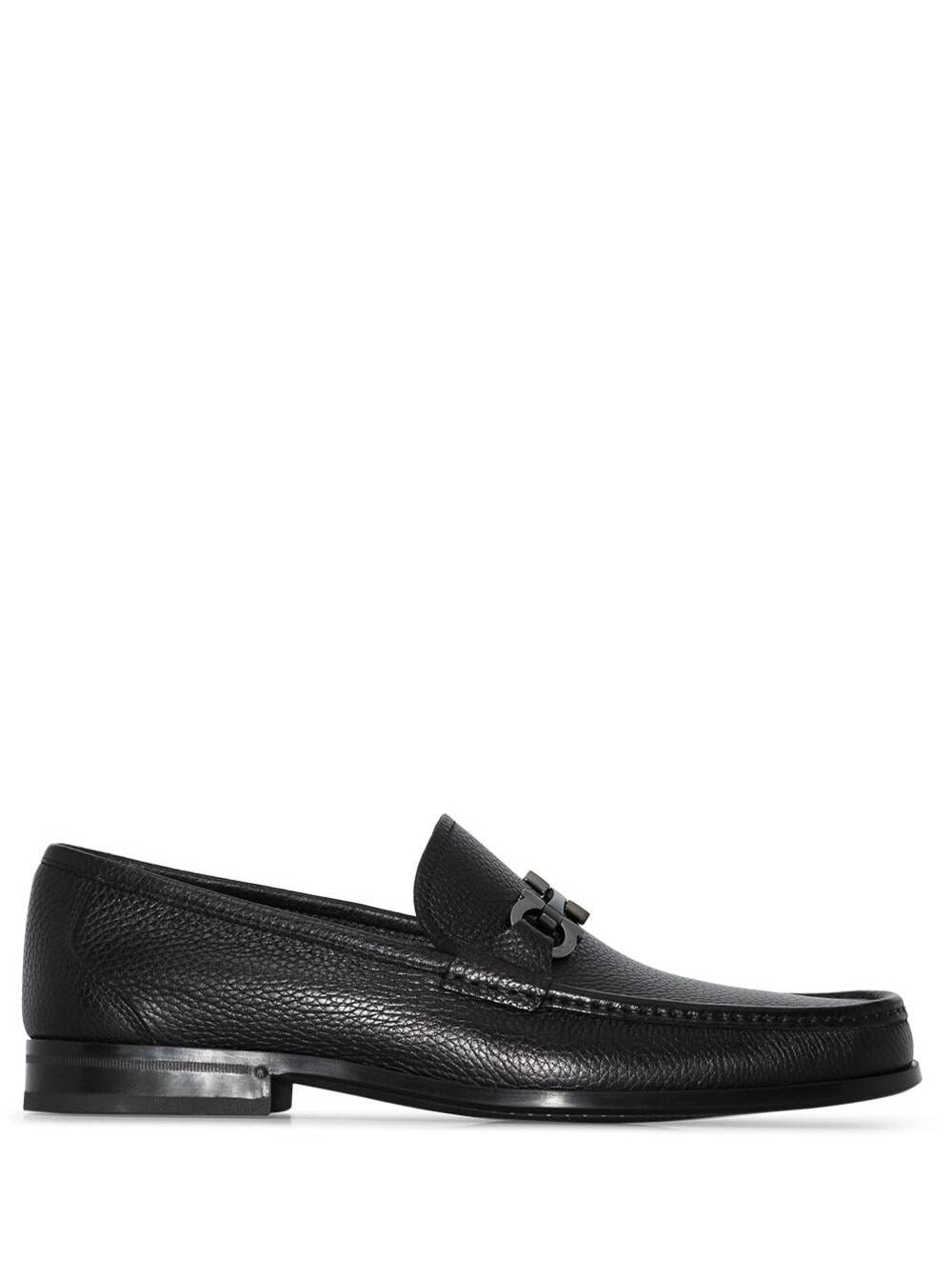 Shop Ferragamo Black Loafers With Tonal Gancini Detail In Hammered Leather Man