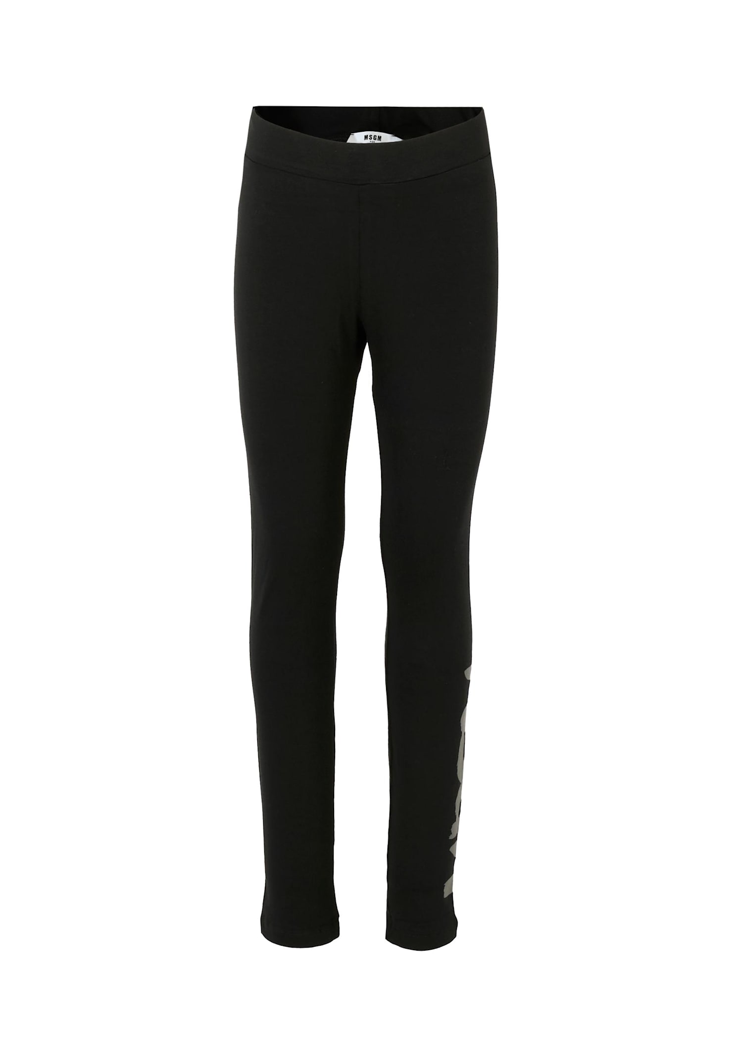 Msgm Black Leggings For Girl With Gray Logo In Black