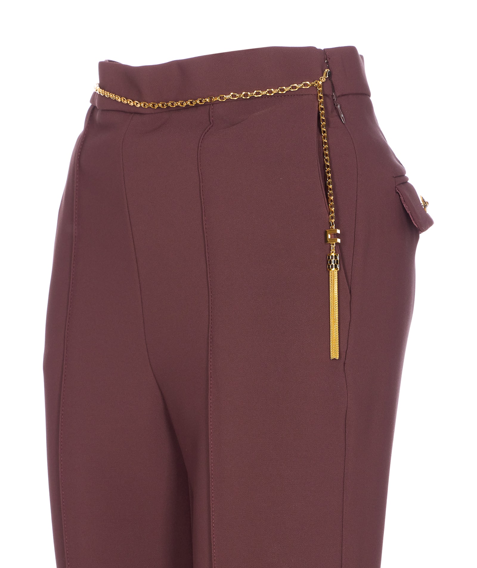 Elisabetta Franchi Regular Fit Trousers With Belt Chain And Pockets In Burgundy