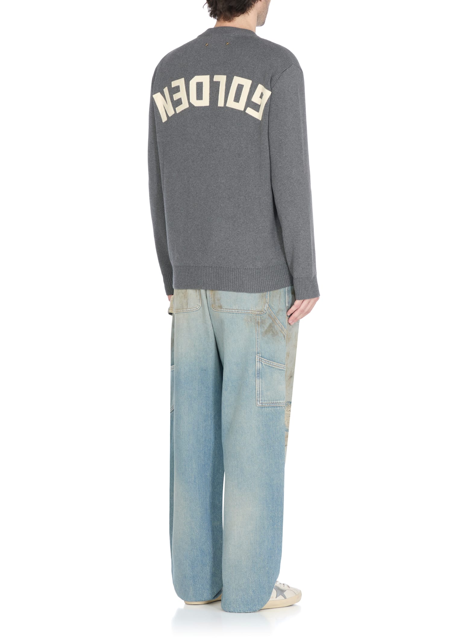 Golden Goose Grey Crewneck Sweater With Maxi Logo Lettering On The Rear In Gray