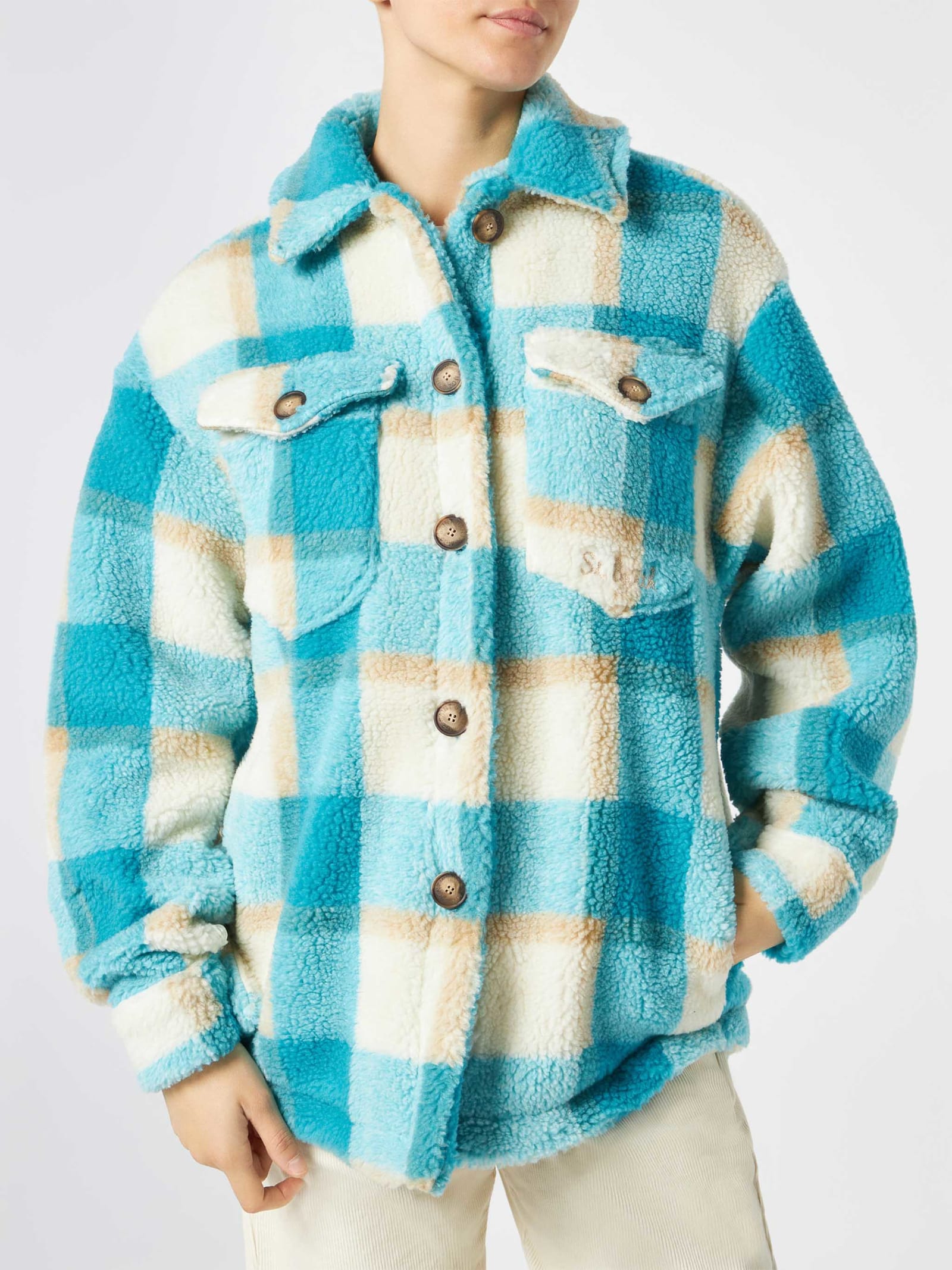 Woman Sherpa Overshirt With Tartan Pattern